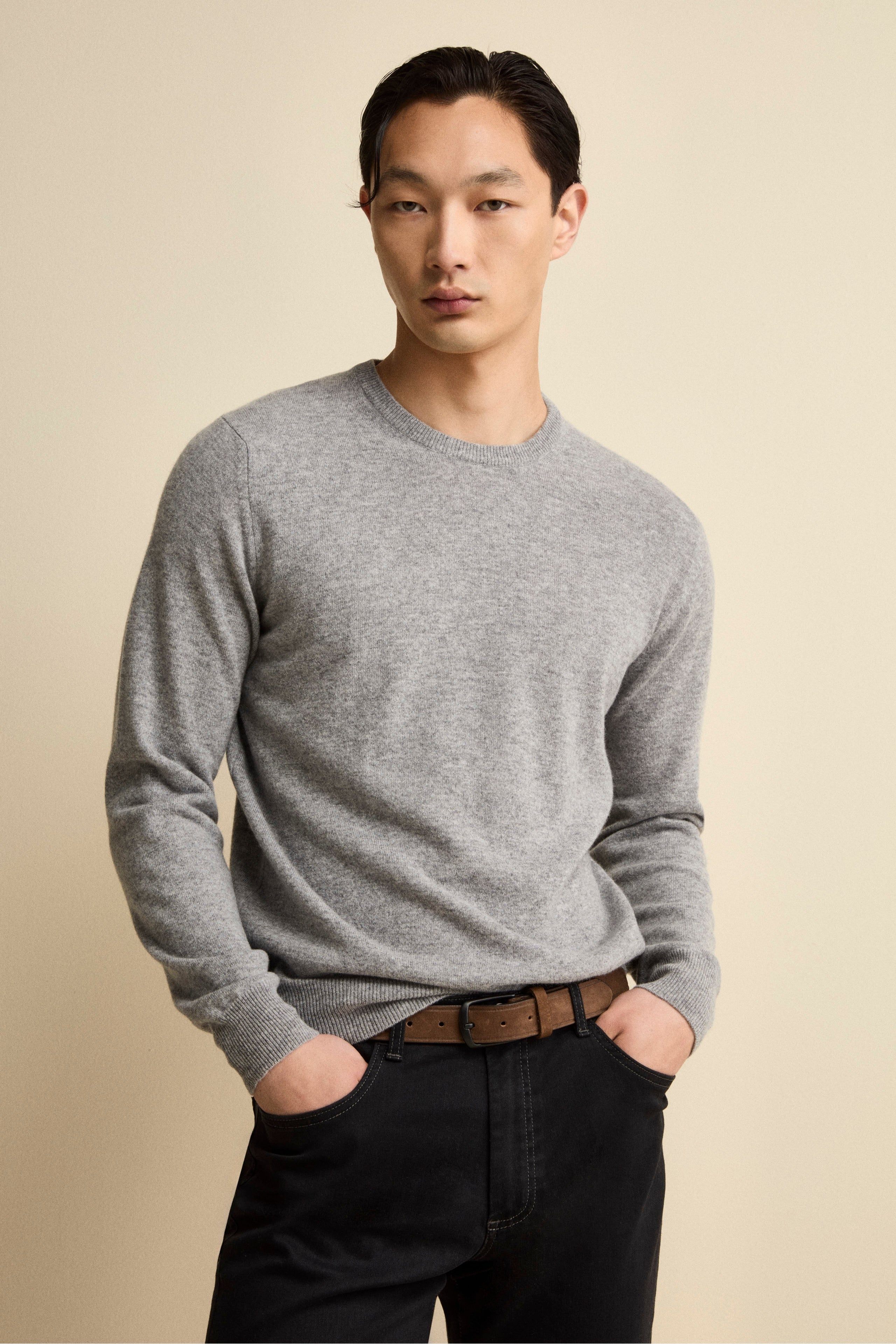 Crew-Neck Regular Fit Sweater in Merino Wool - Grey melange
