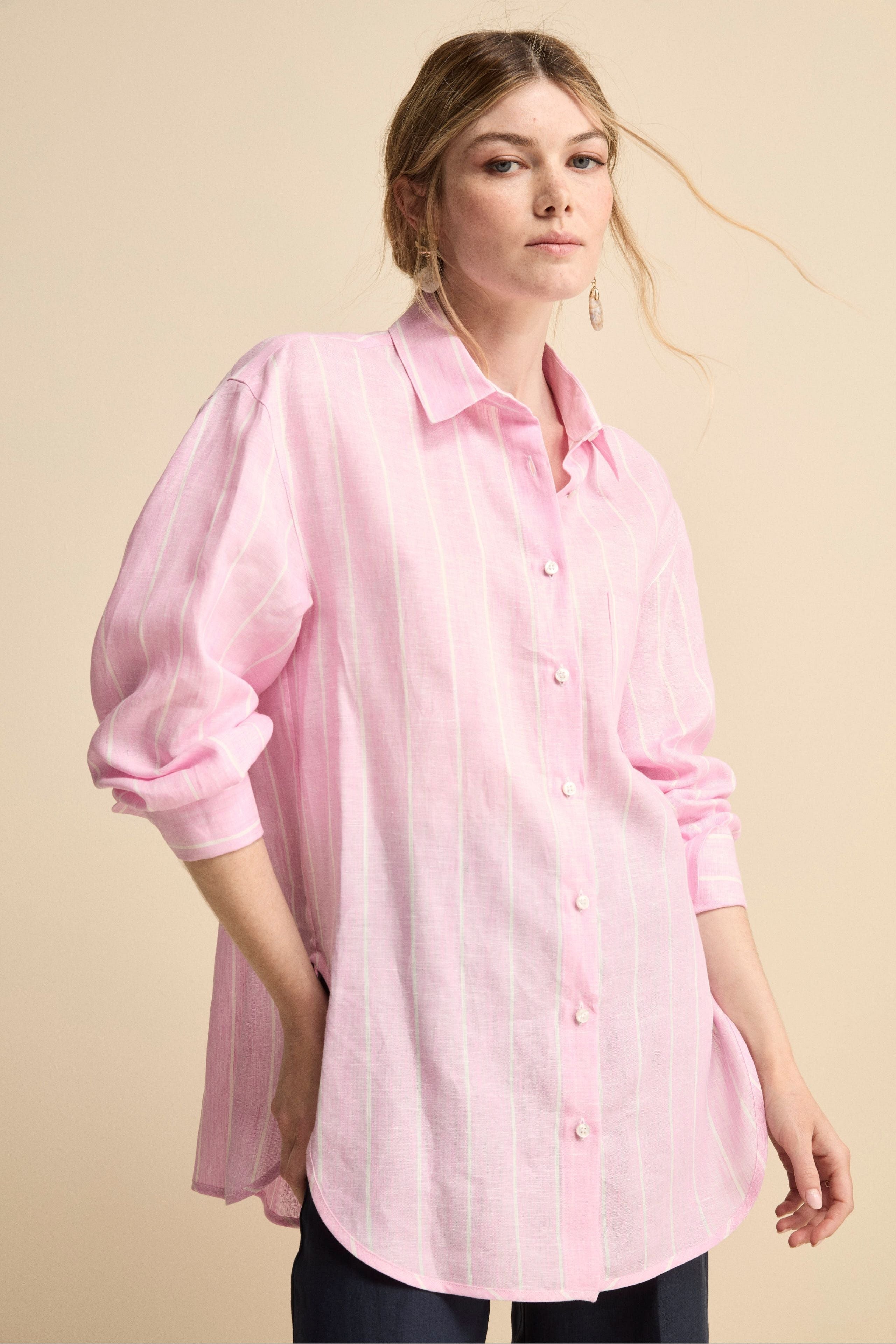 Oversized Linen Shirt with Pocket Pink stripe