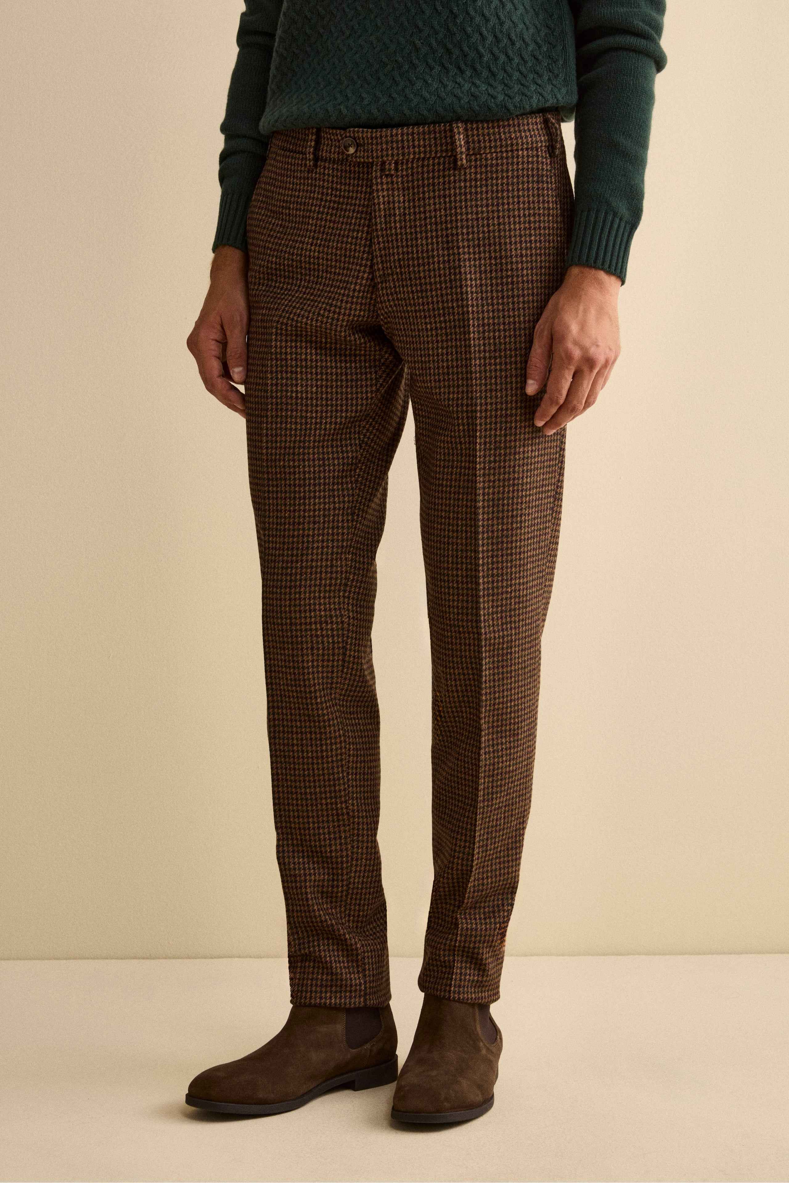 Wool-Blend Slim Fit Patterned Trousers - -