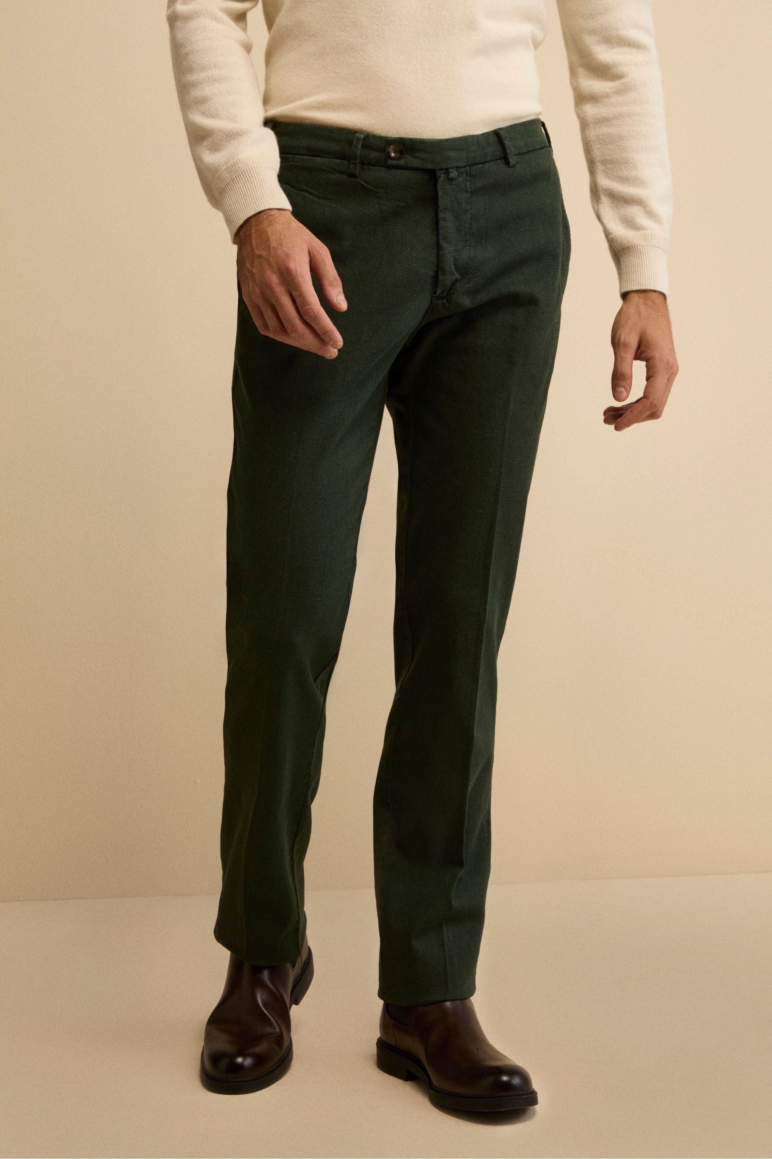 Micro-Dot Regular Fit Cotton Trousers - GREEN