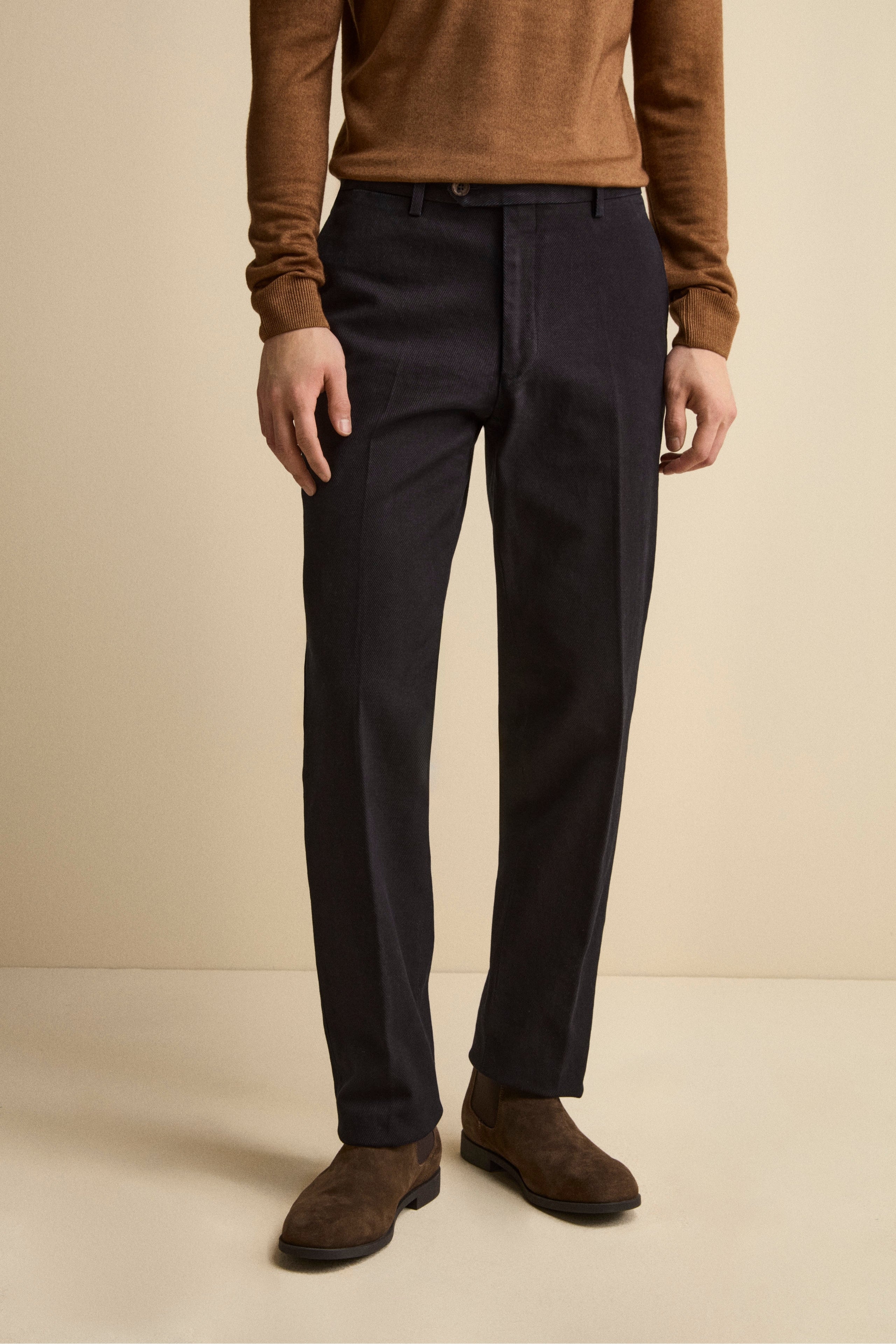 Cotton Slim Fit Pleated Trousers - BLUE