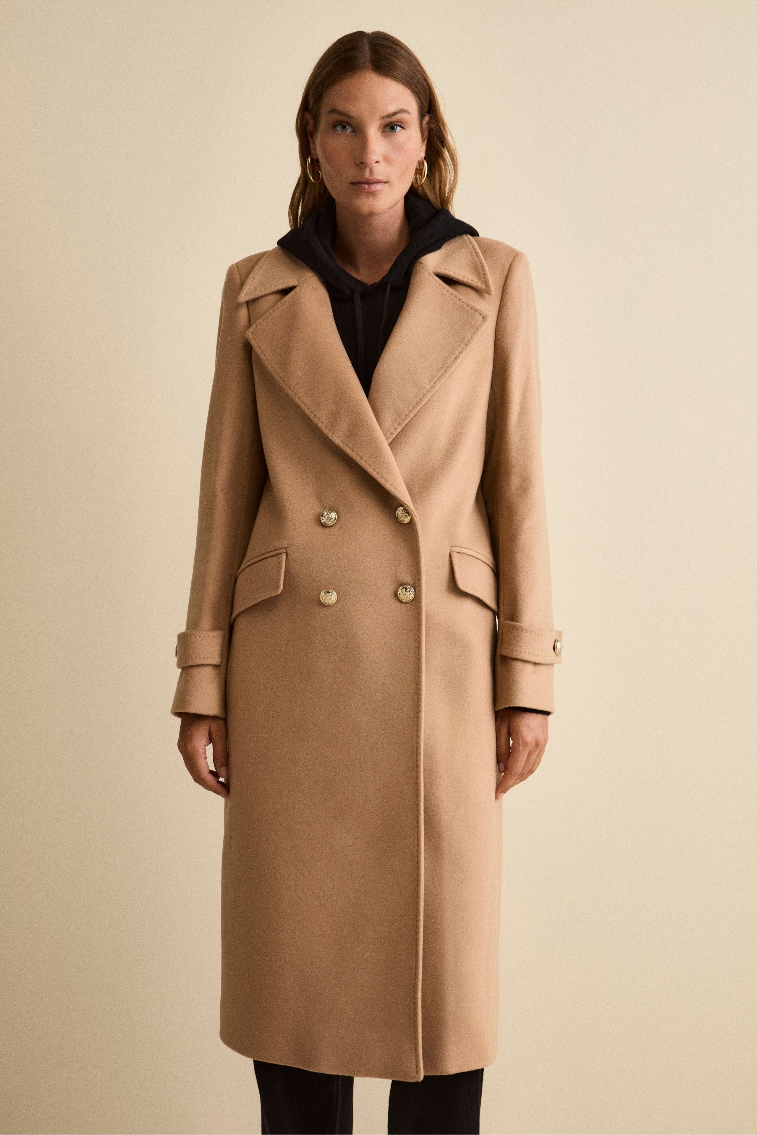 Long Double-Breasted Coat in Wool and Cashmere Blend - Camel