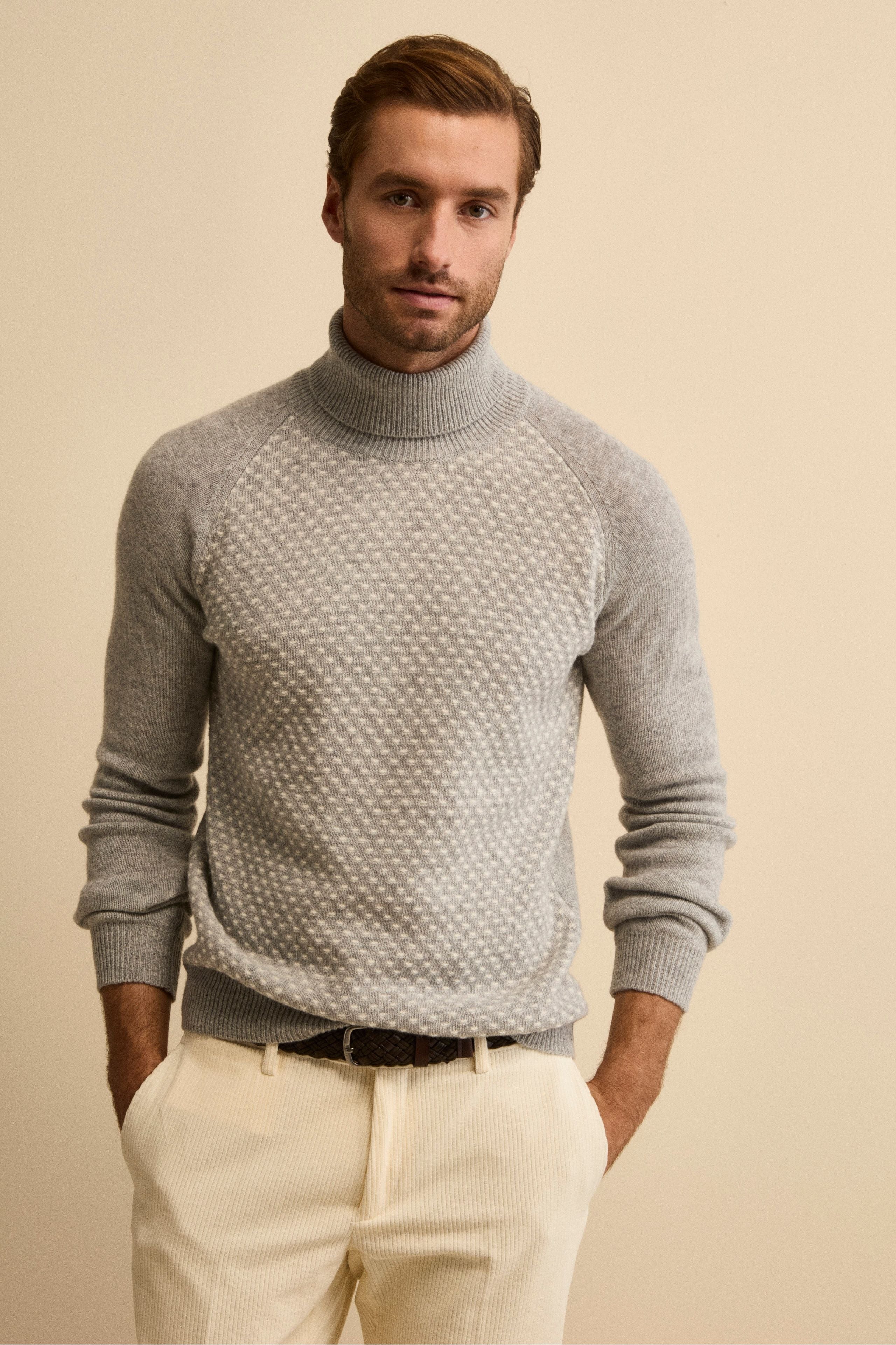 Jacquard Turtleneck in Wool and Cashmere - GREY/BEIGE