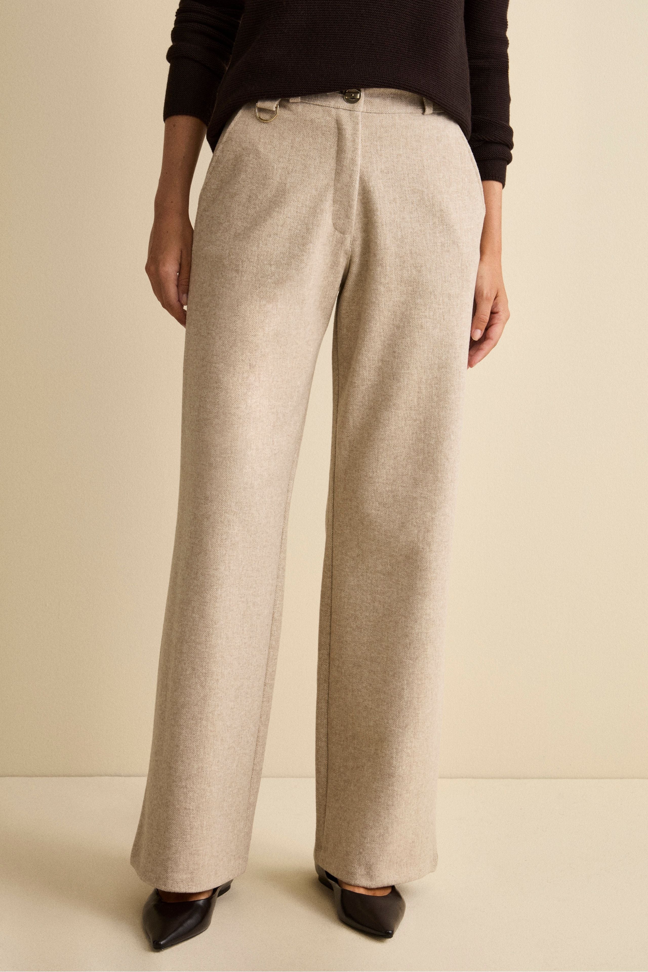 Wide-Leg Herringbone Trousers - Beige herringbone