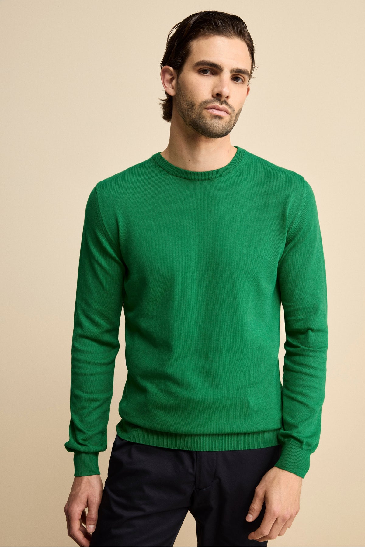 Cotton Crew Neck with Ribbed Edges - GREEN