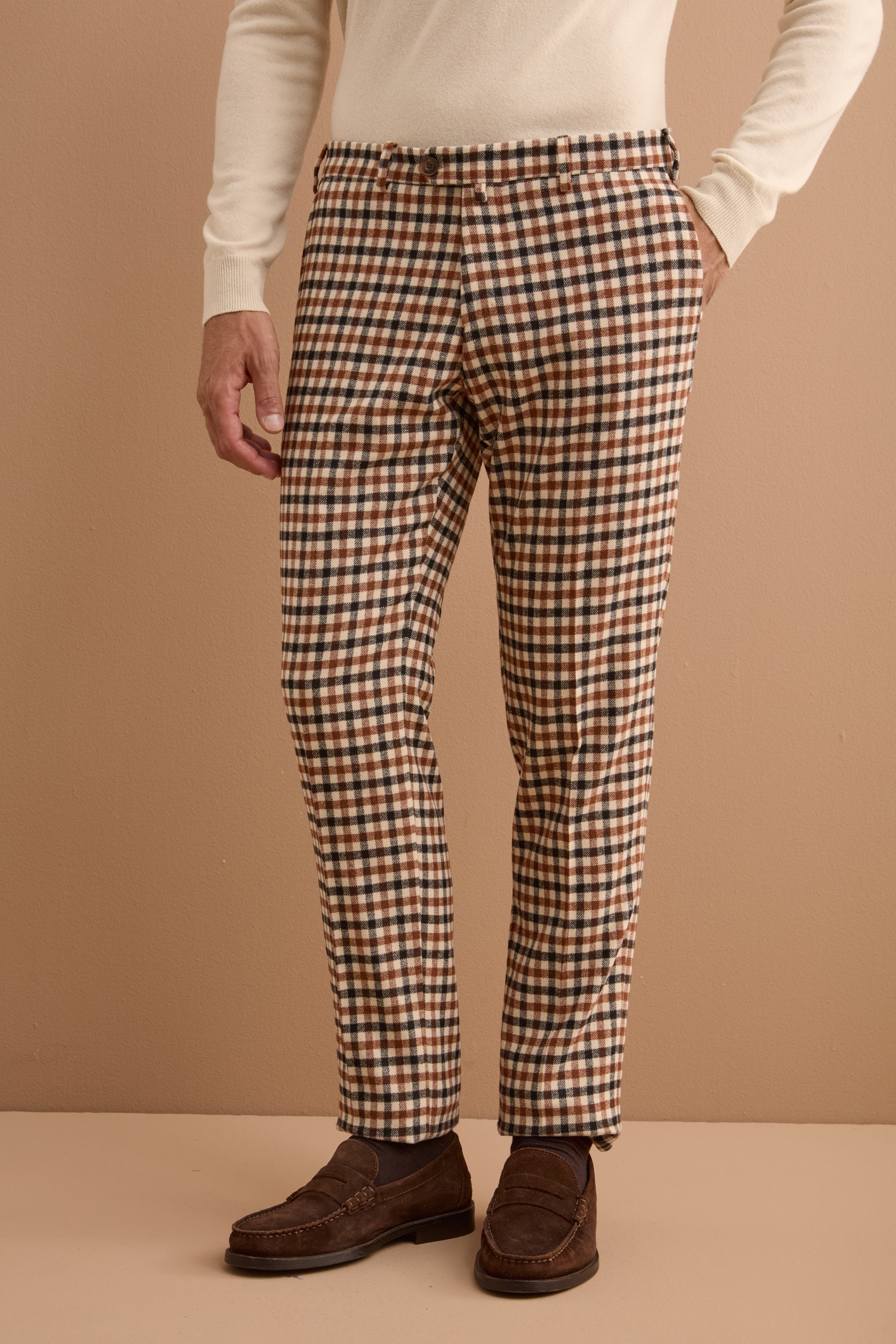 Wool Blend Slim Fit Check Trousers - -