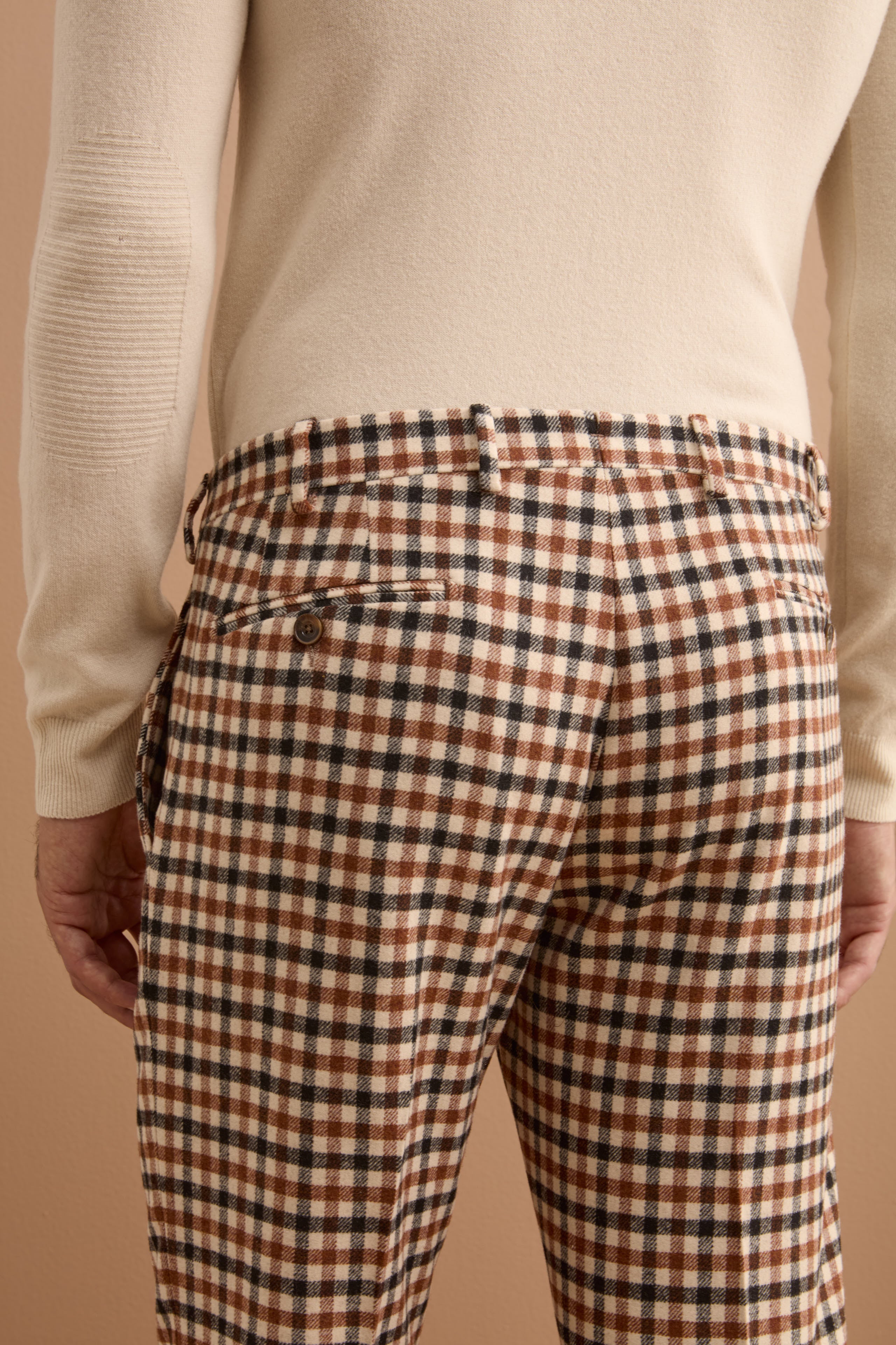 Wool Blend Slim Fit Check Trousers - -