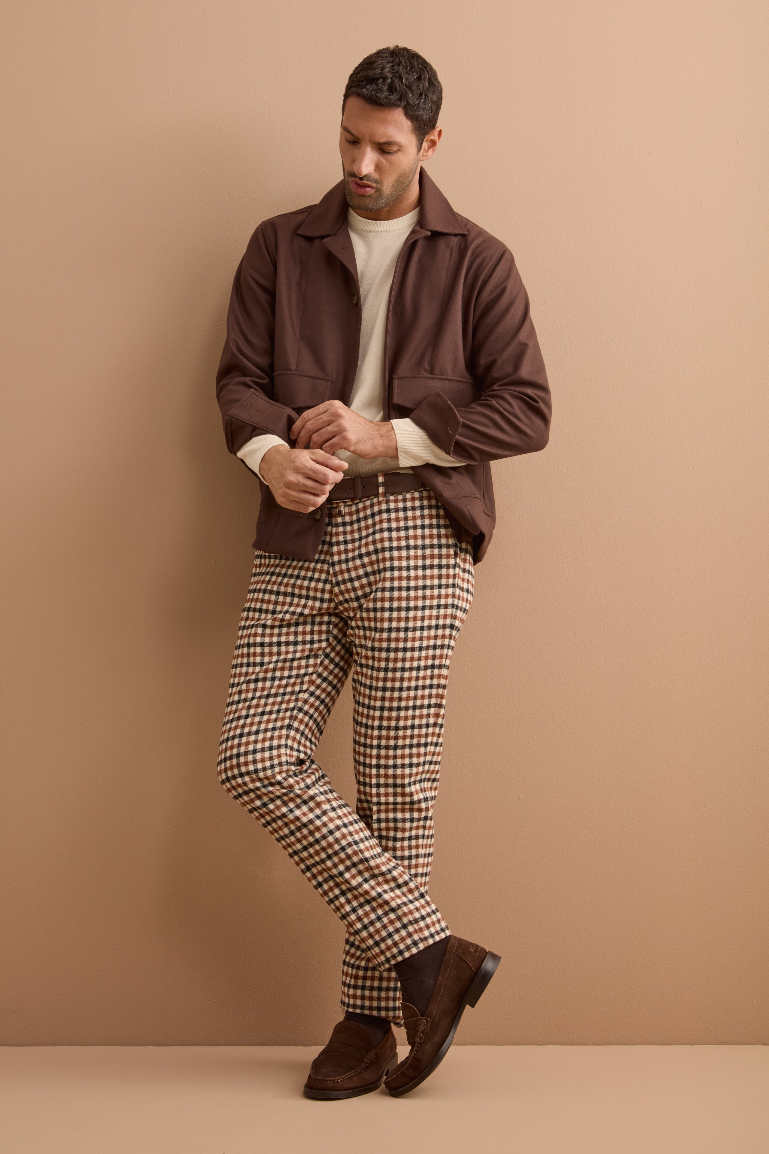 Wool Blend Slim Fit Check Trousers - -