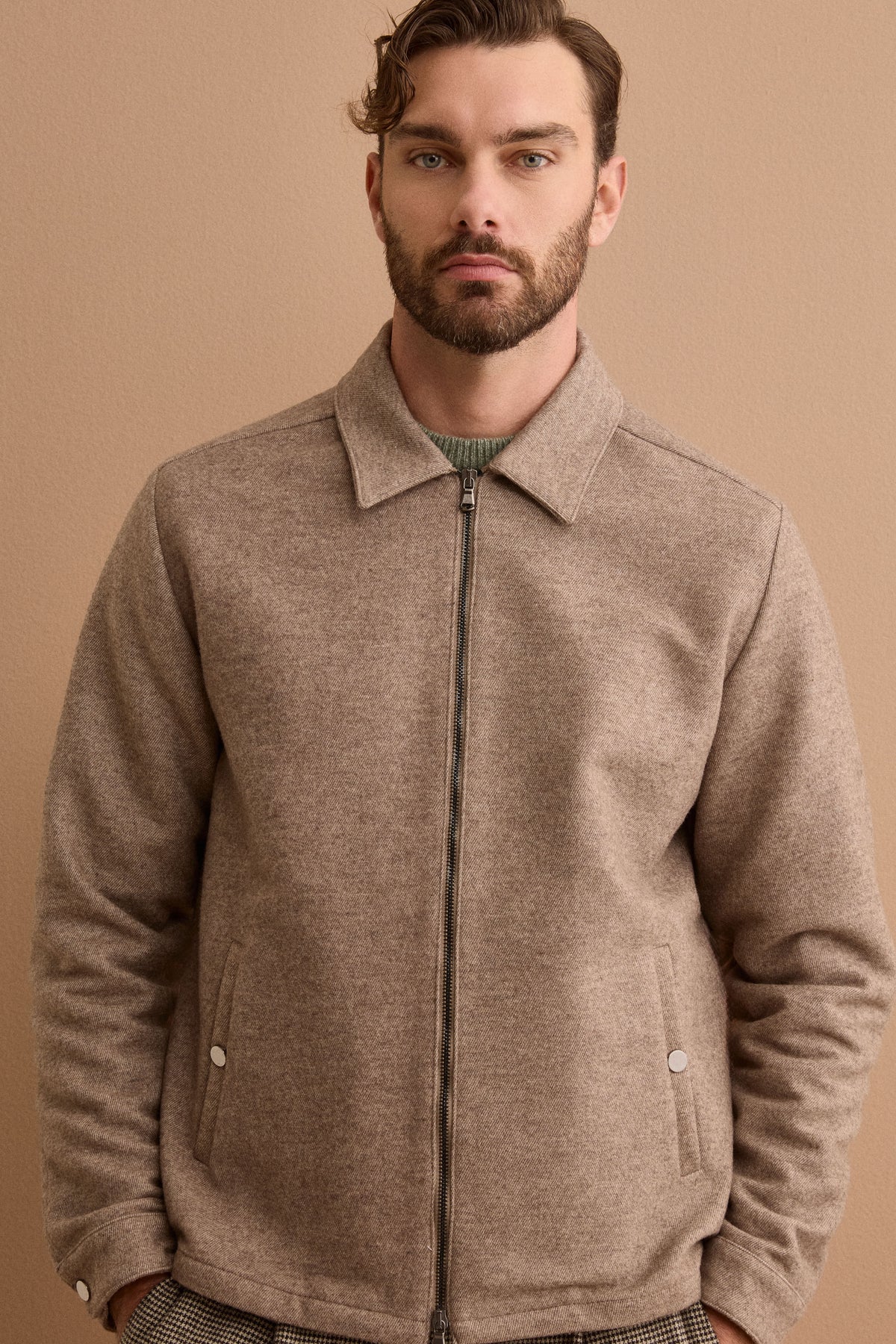 Wool-Blend Overshirt Jacket with Zip - Brown