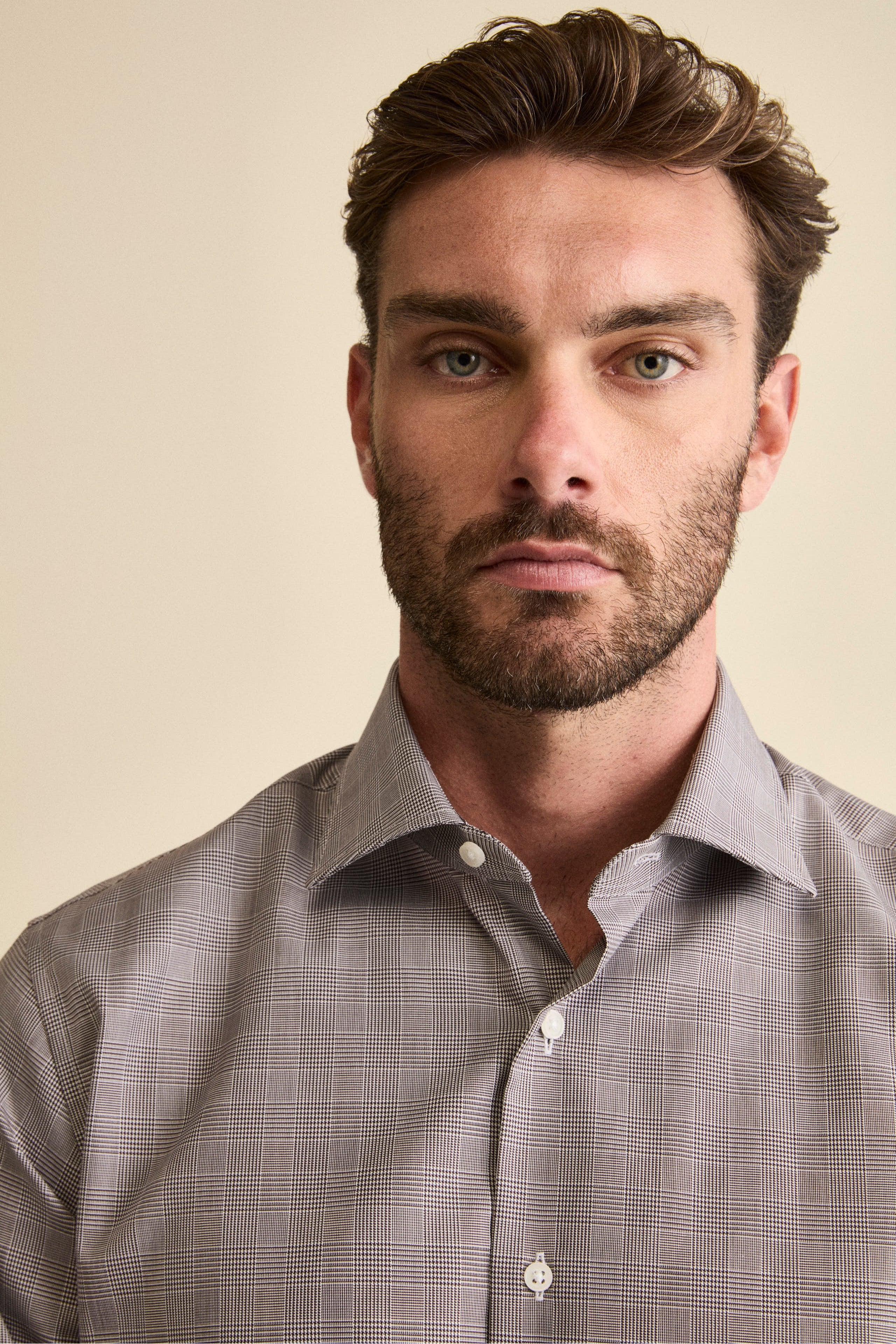 Baumwollhemd Custom Fit mit französischem Kragen - braunes Hahnentrittmuster