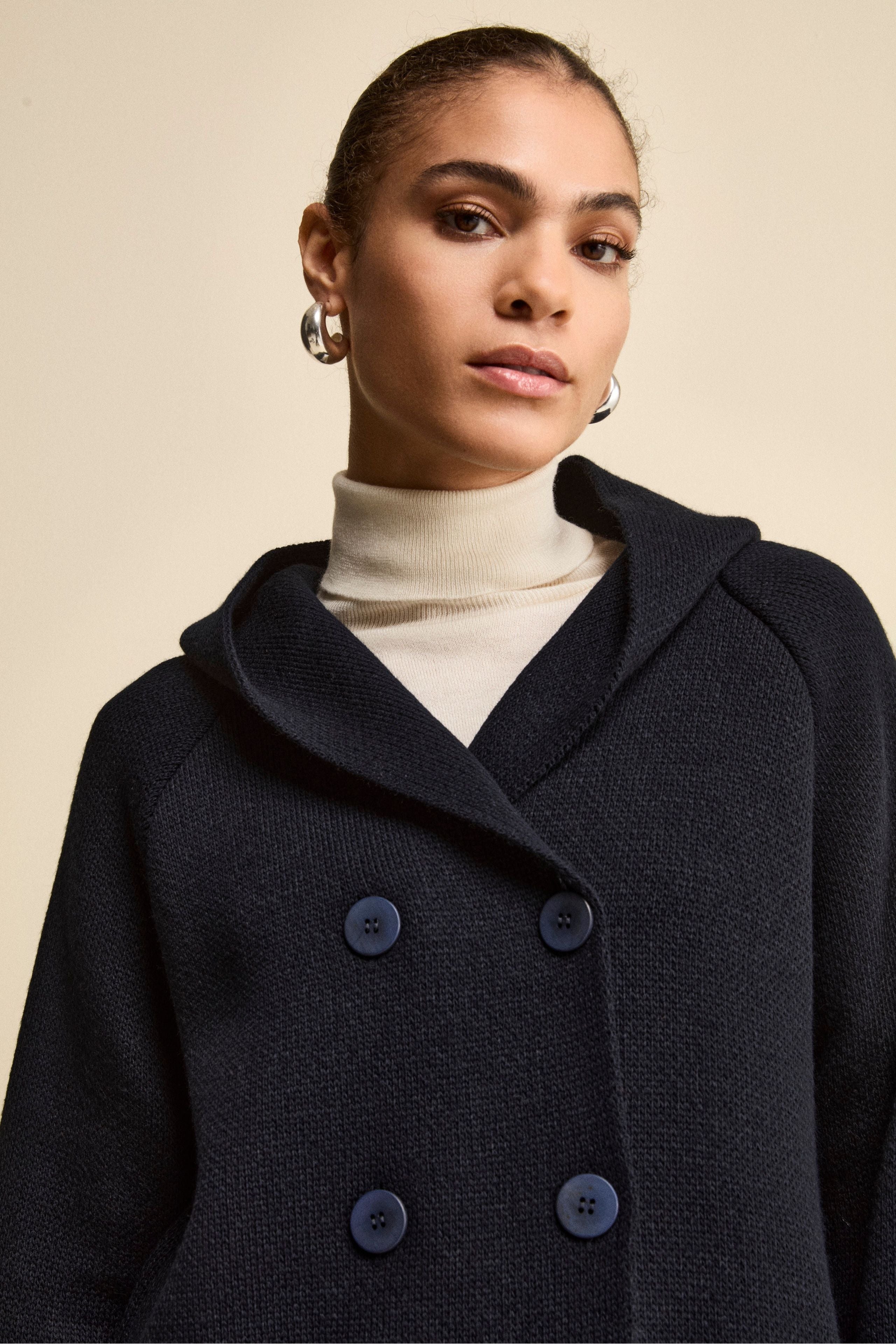 Double-Breasted Knit Cardigan with Hood - BLUE