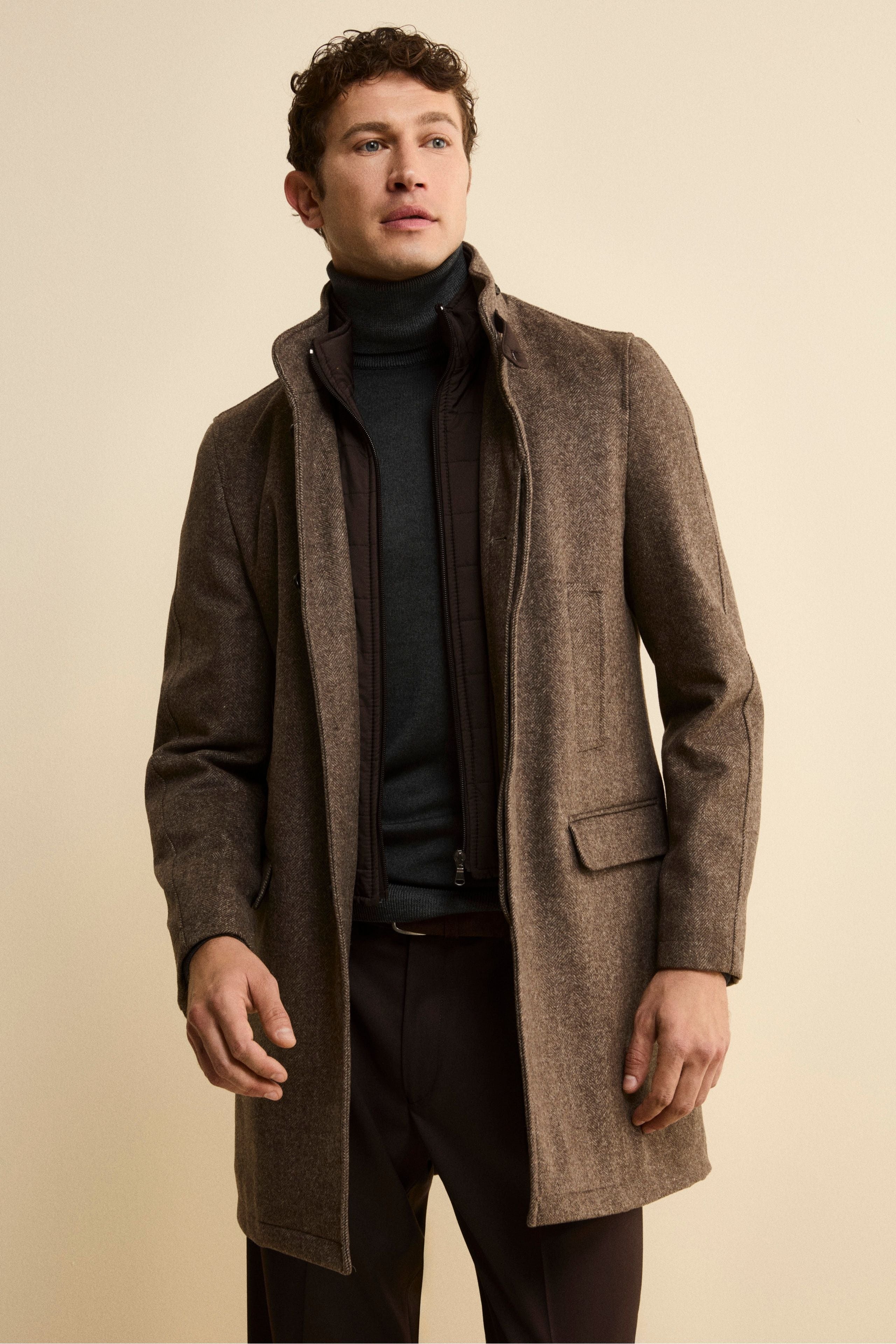 Herringbone Midi Coat in Wool and Cashmere Blend - BROWN MELANGE