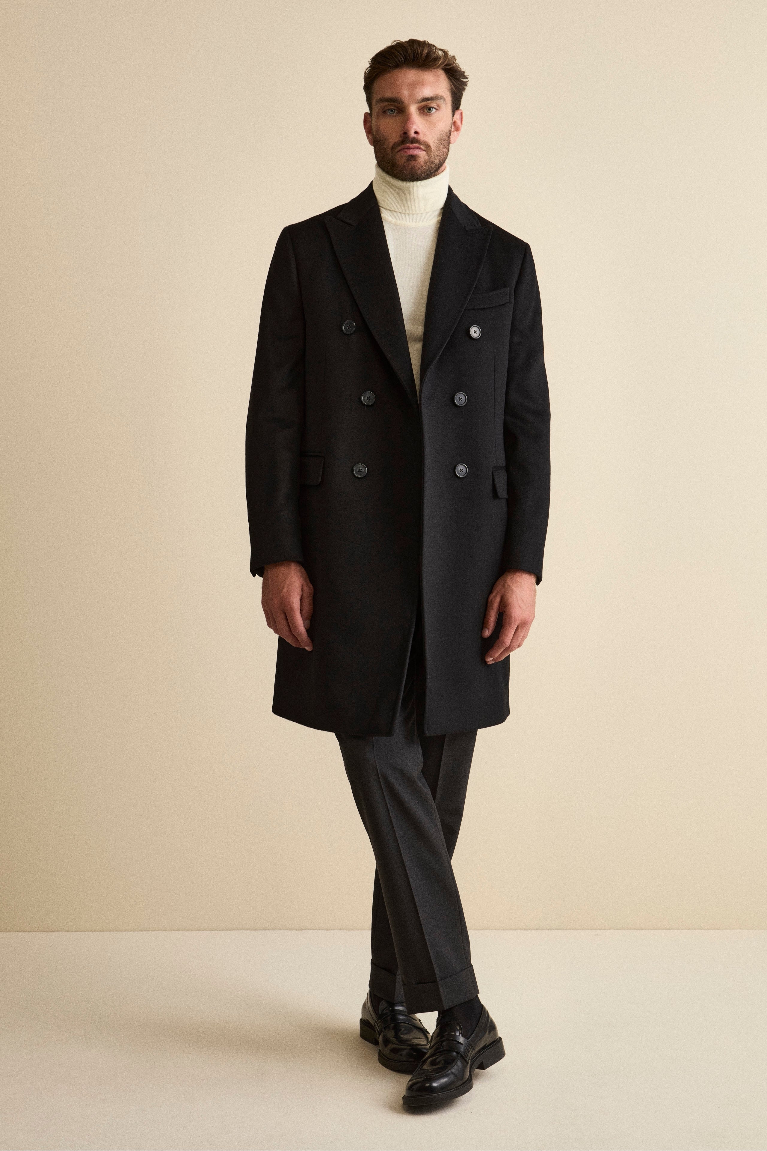 Midi Double-Breasted Coat in Wool and Cashmere Blend with Half-Belt - BLACK