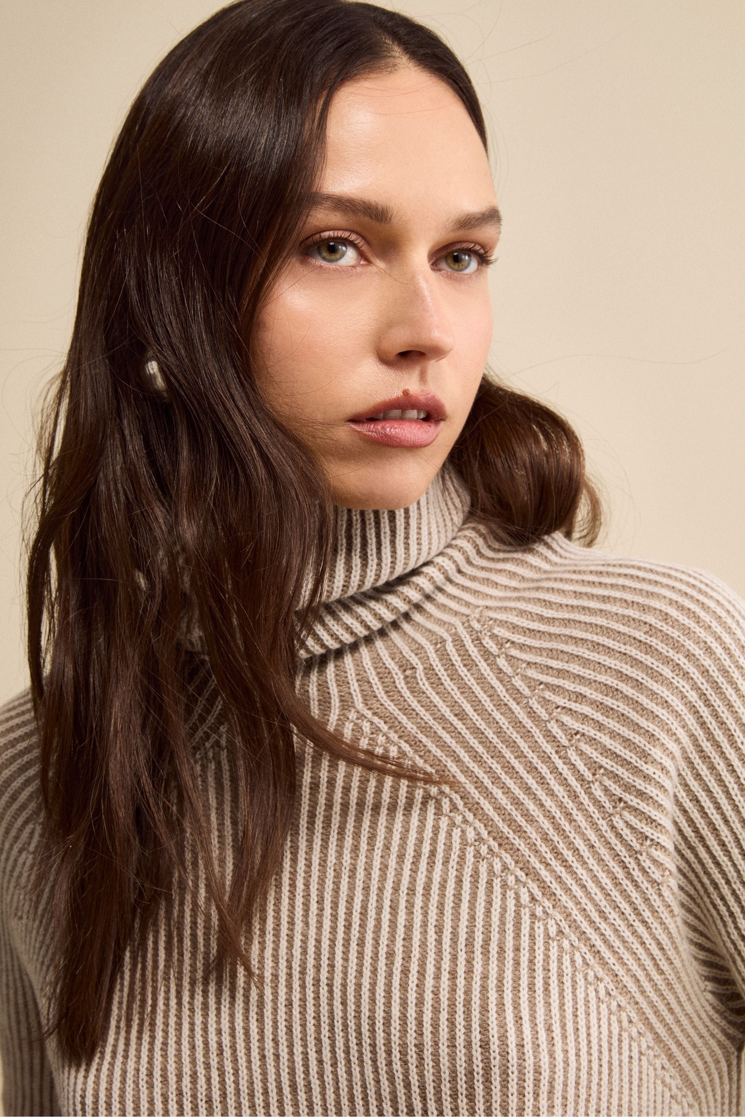 Raglan Ribbed Turtleneck in Merino Wool (English Rib) - Beige pattern