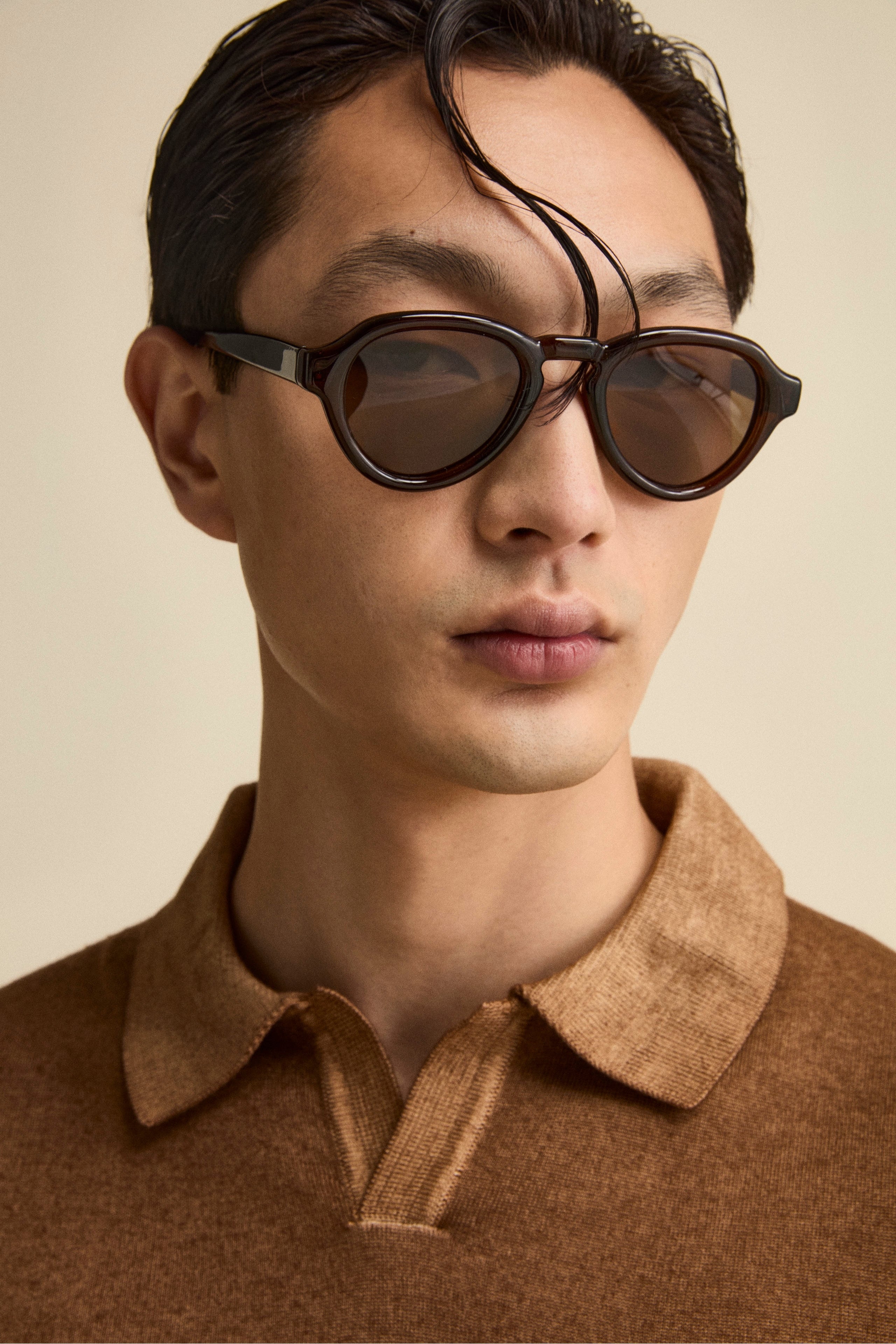 Merino wool derby polo shirt - Tobacco brown