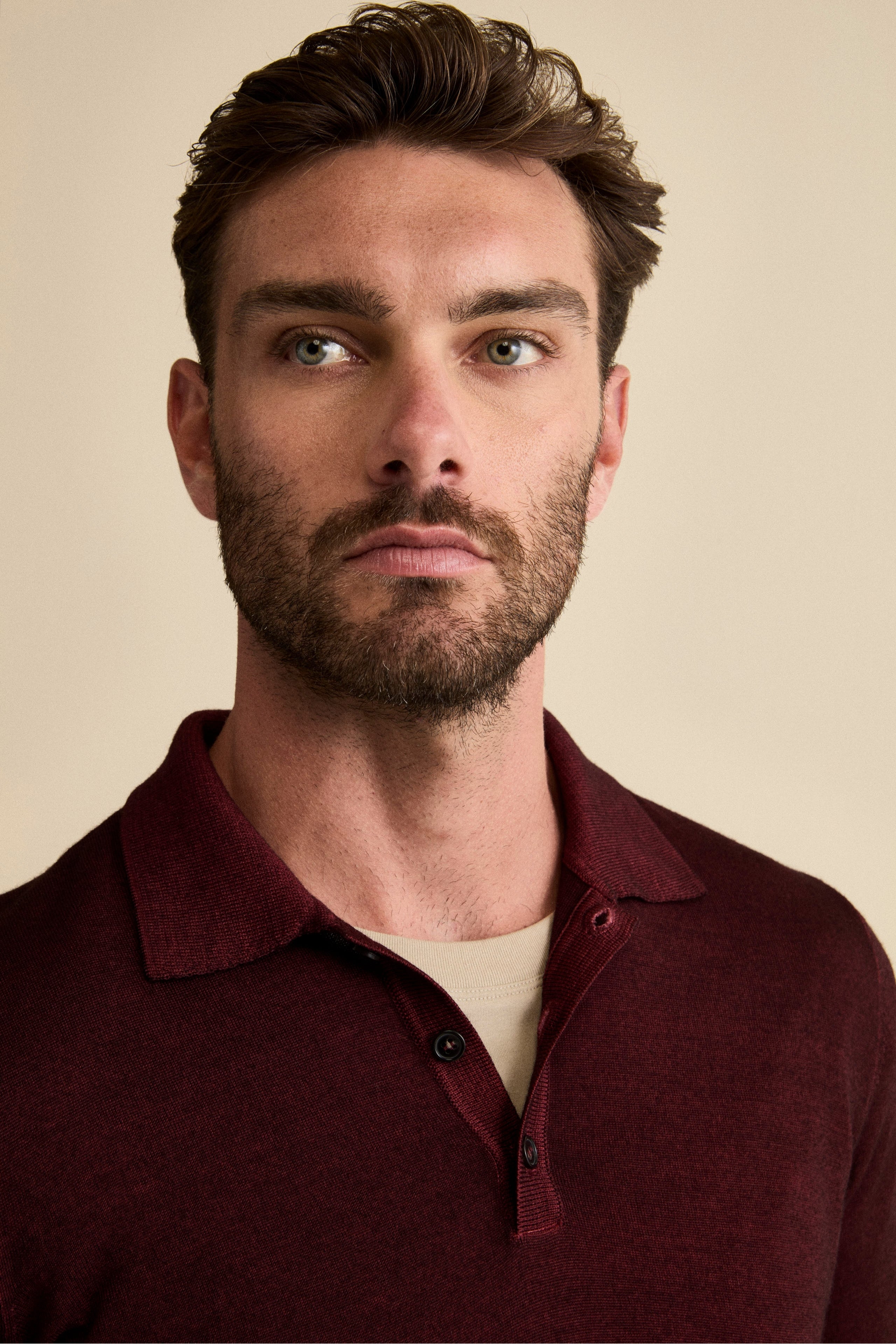 Knit Polo with Buttons in Merino Wool - Burgundy