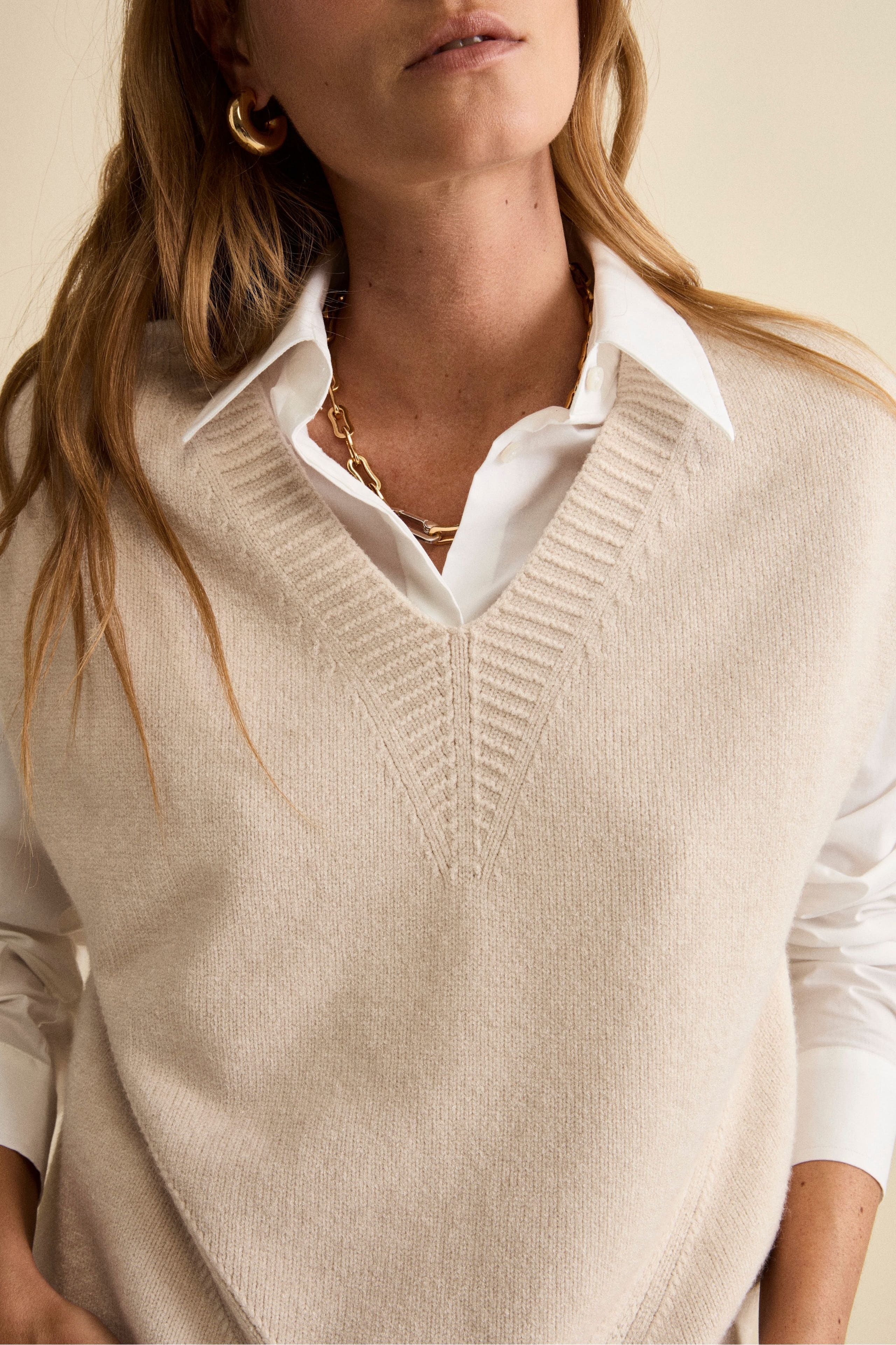 Oversized Knit Vest with V-Neck - Natural