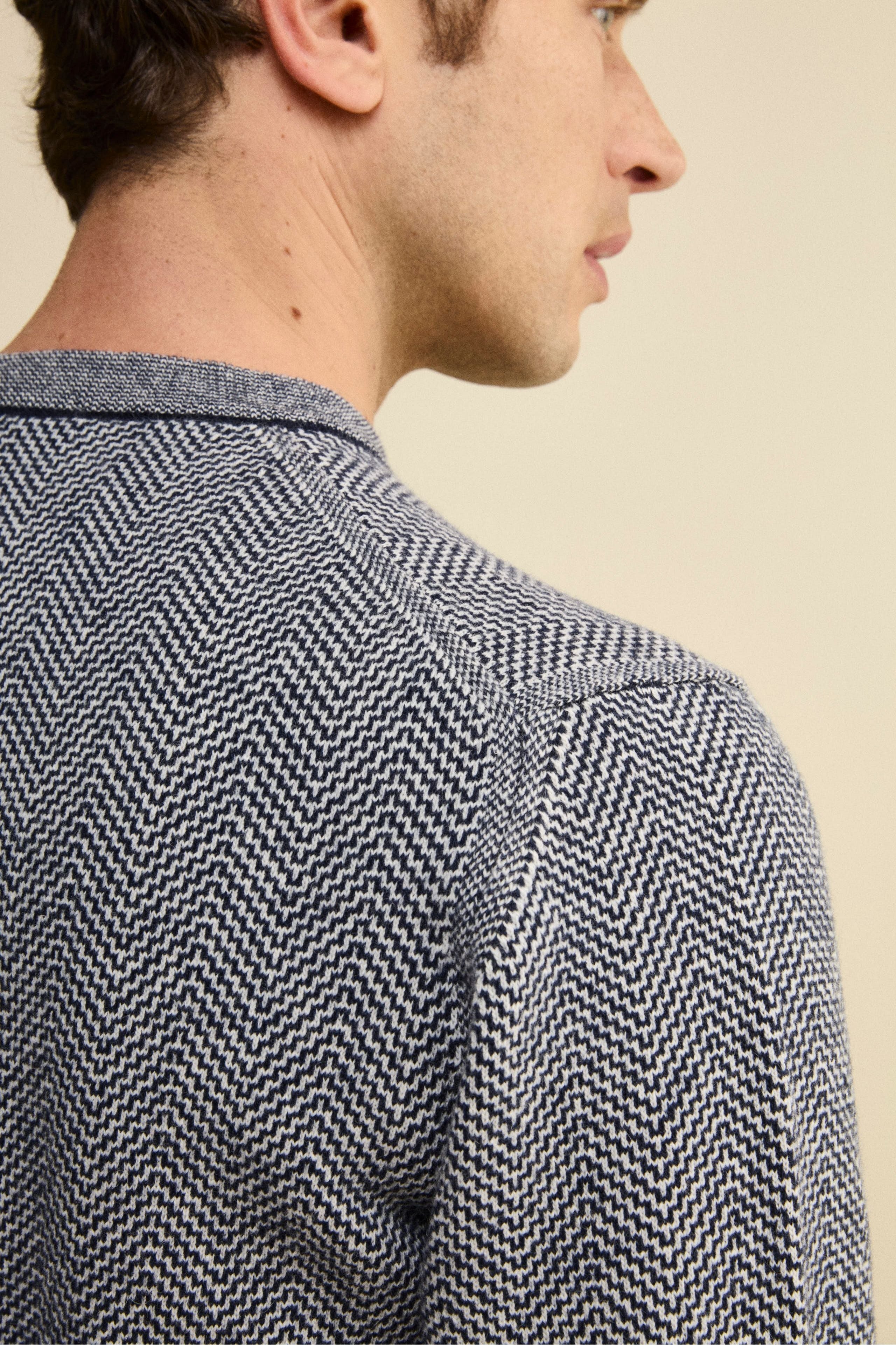Jacquard Crewneck in Wool and Cashmere - BLUE/MILK