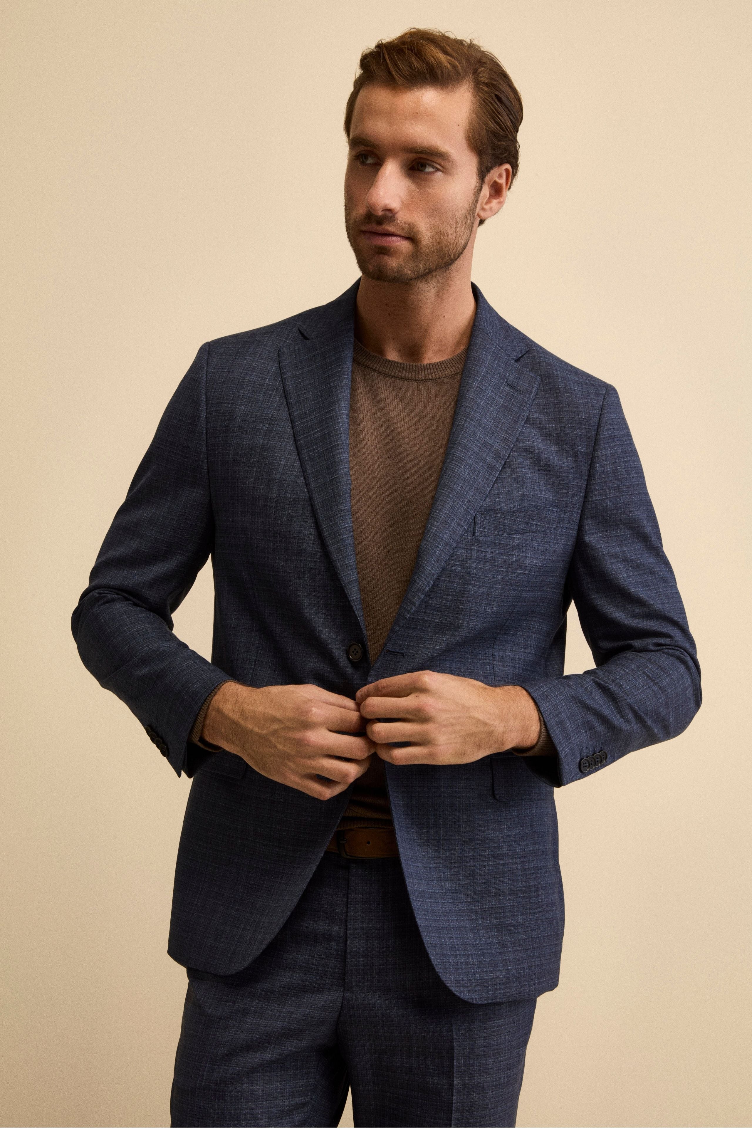 Check Comfort Fit Suit in Virgin Wool - Blue pattern