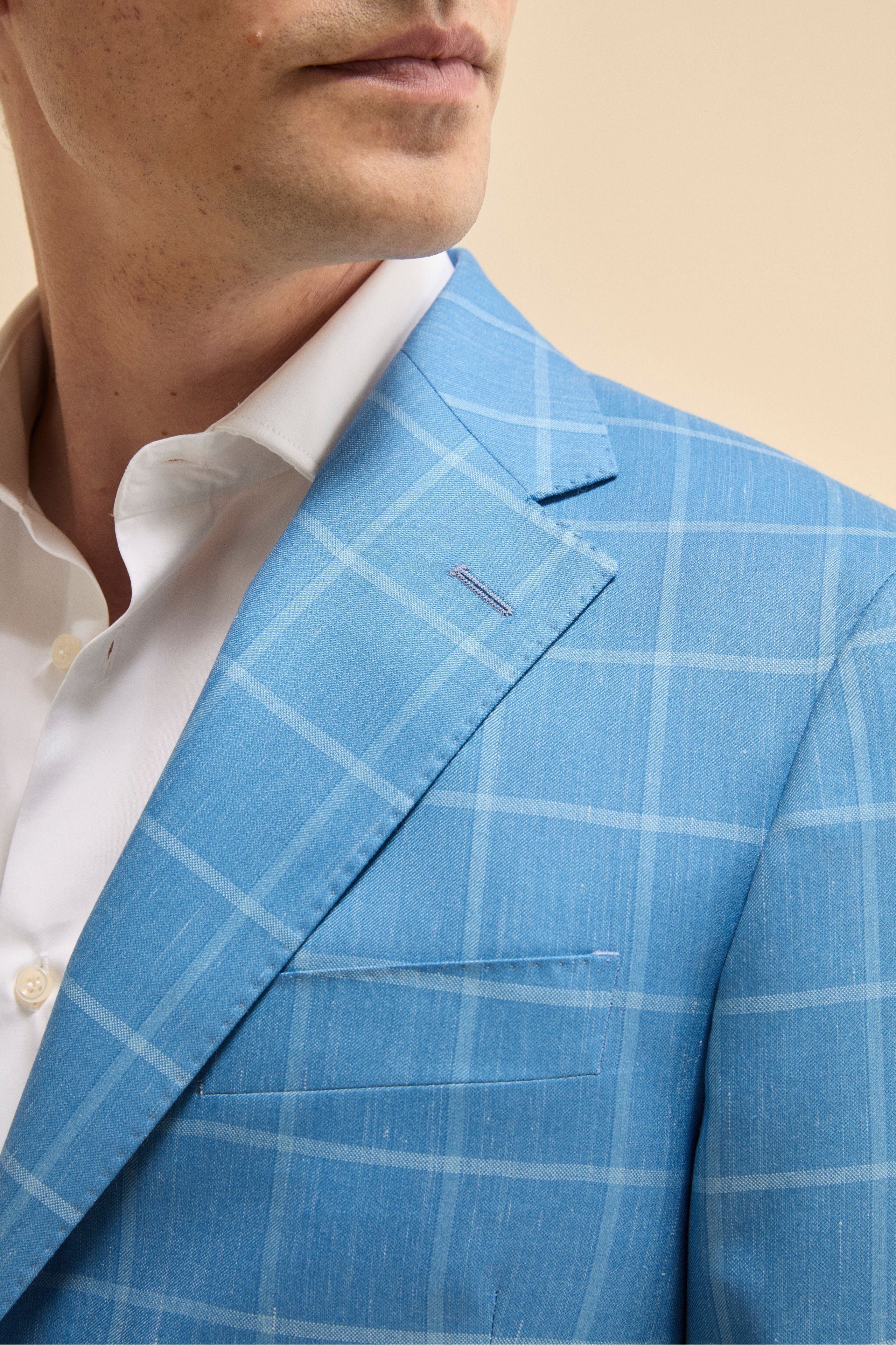 Single-Breasted Checked Jacket in Silk and Cashmere - Light blue check