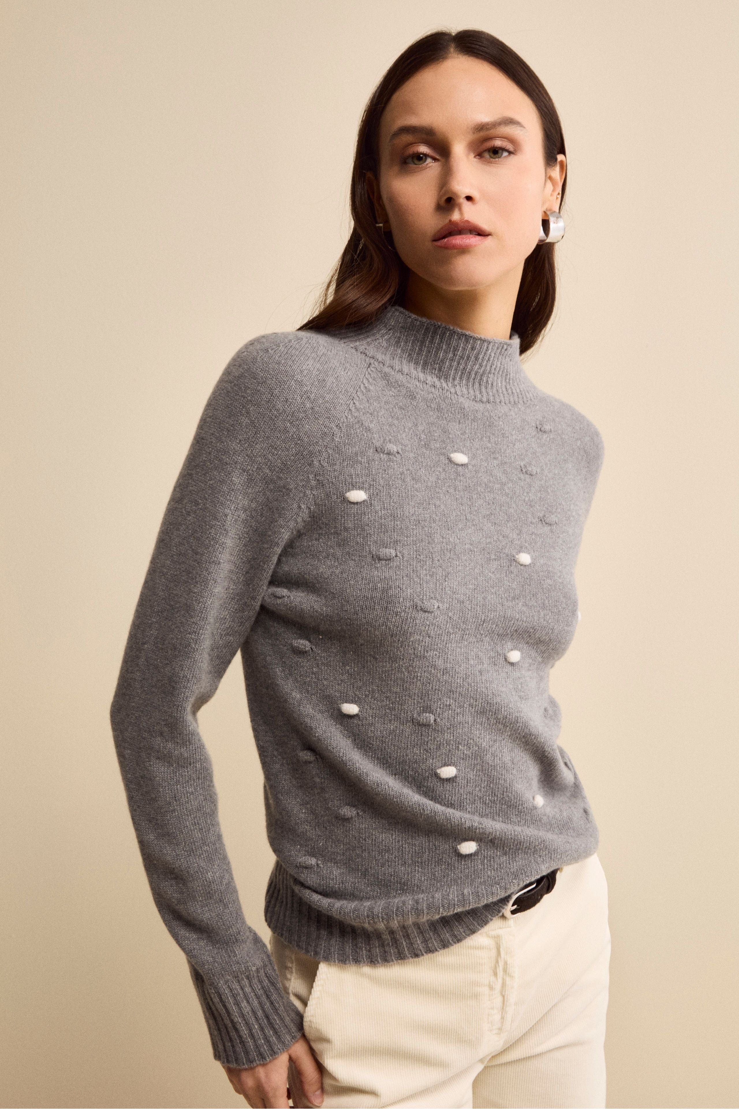 Mock-Neck Sweater in Wool and Cashmere with Bobble Stitch - GREY
