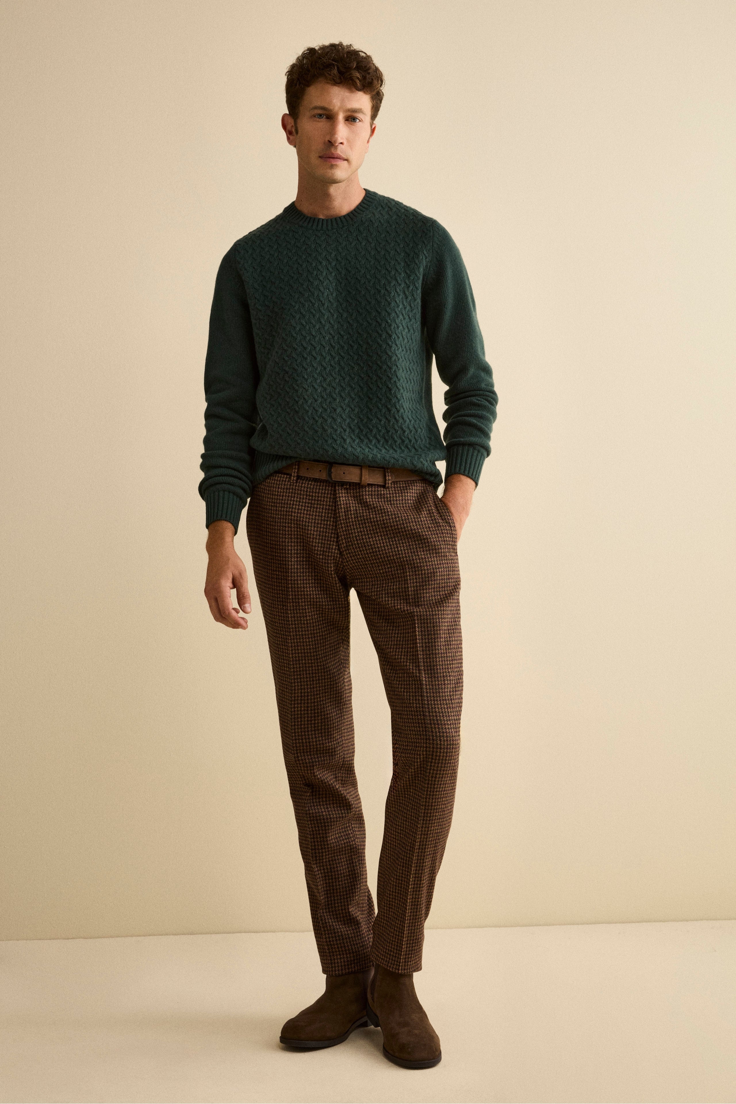 Wool-Blend Slim Fit Patterned Trousers - -