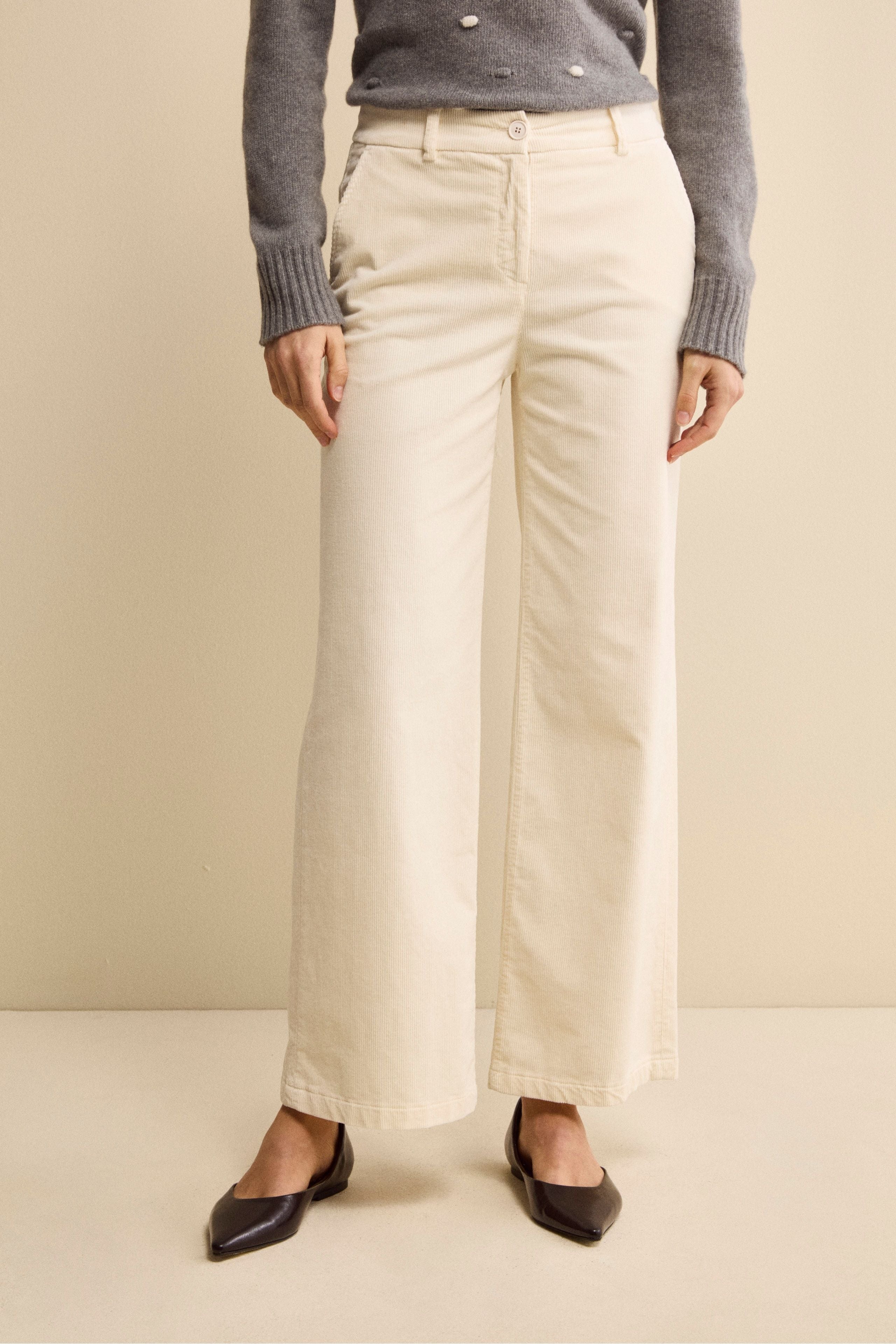 Wide-Leg Corduroy Trousers - CREAM