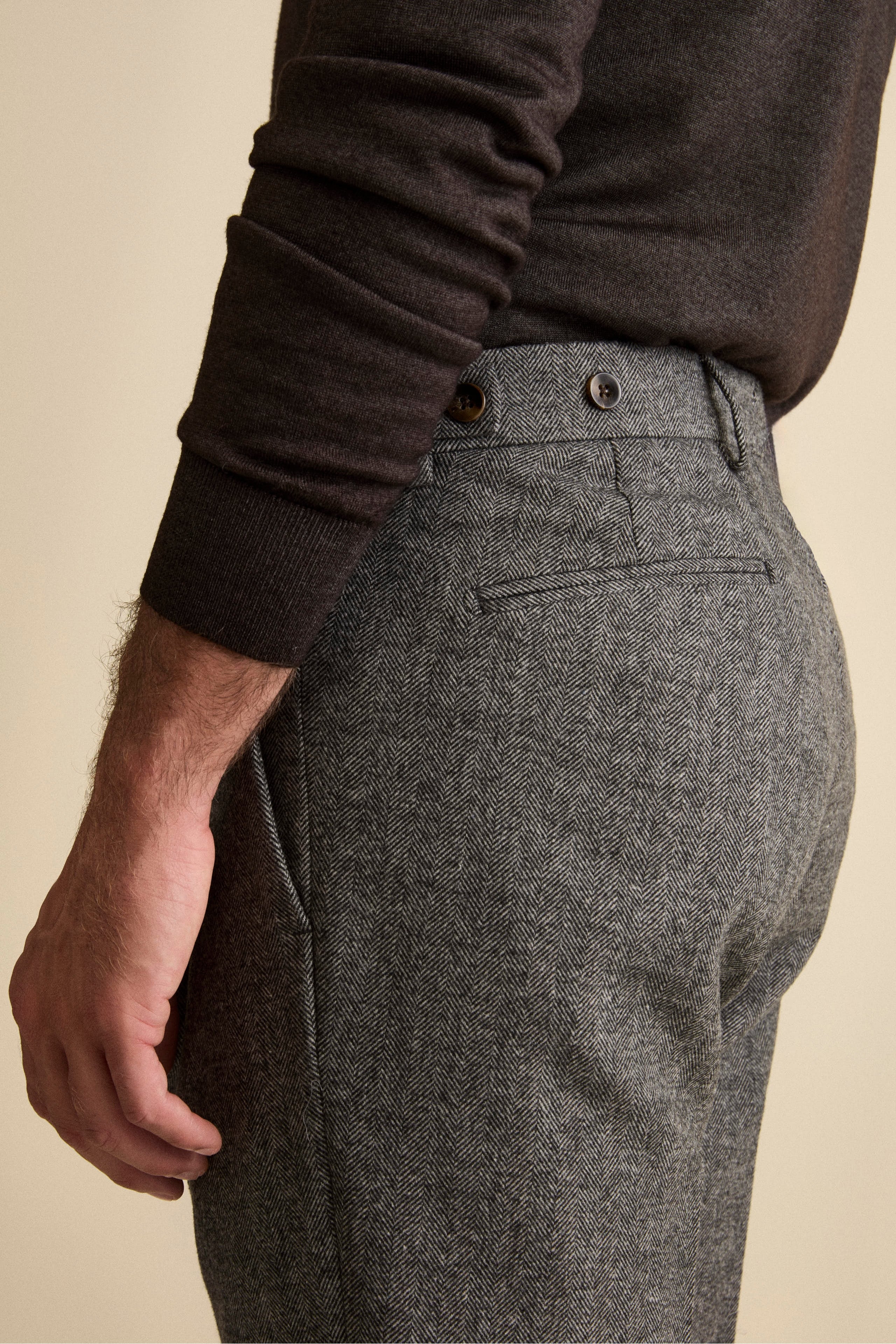 Herringbone Straight Trousers in Wool Blend with Cuff - Grey melange