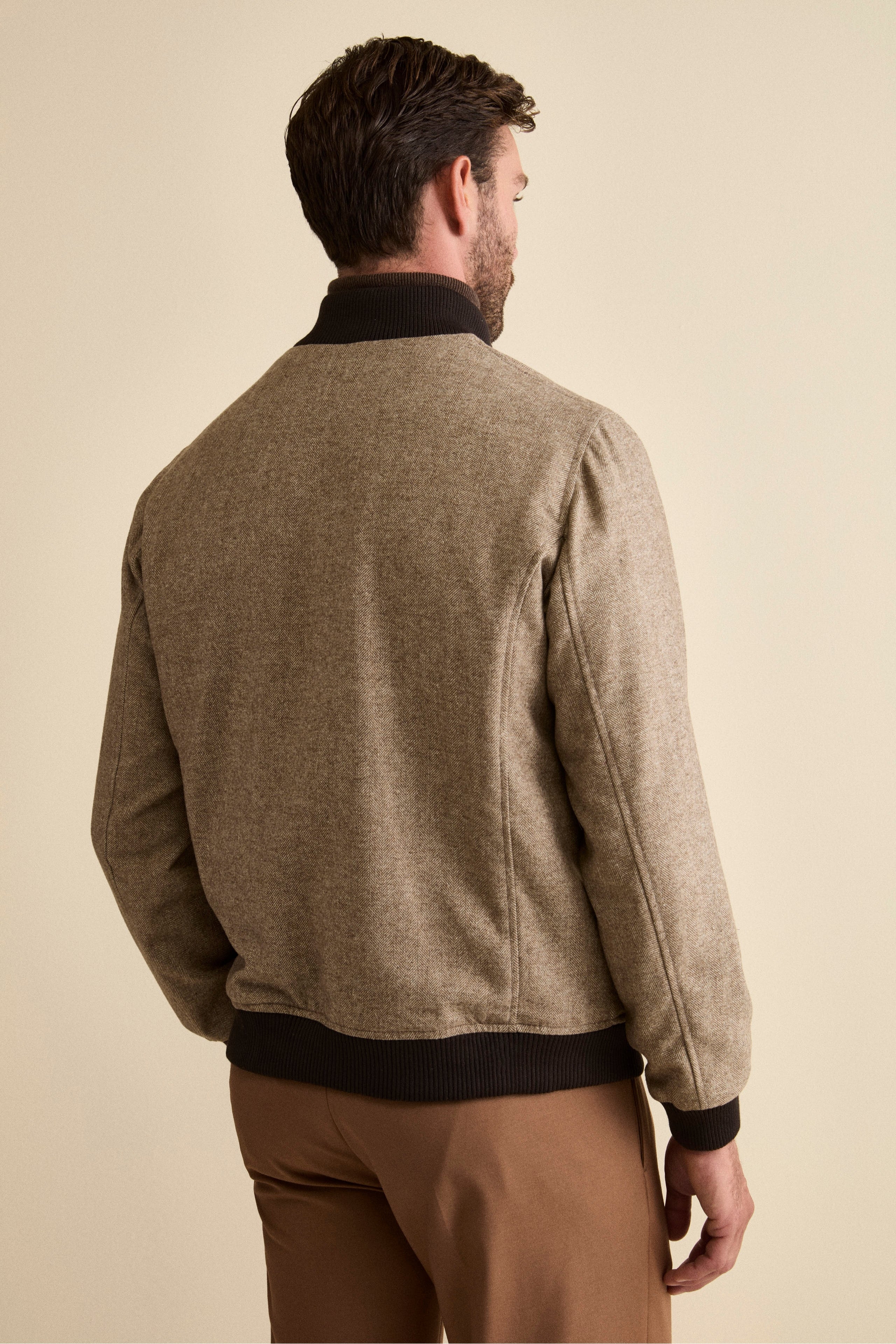 Herringbone Bomber with Pockets in Wool Blend - Brown herringbone