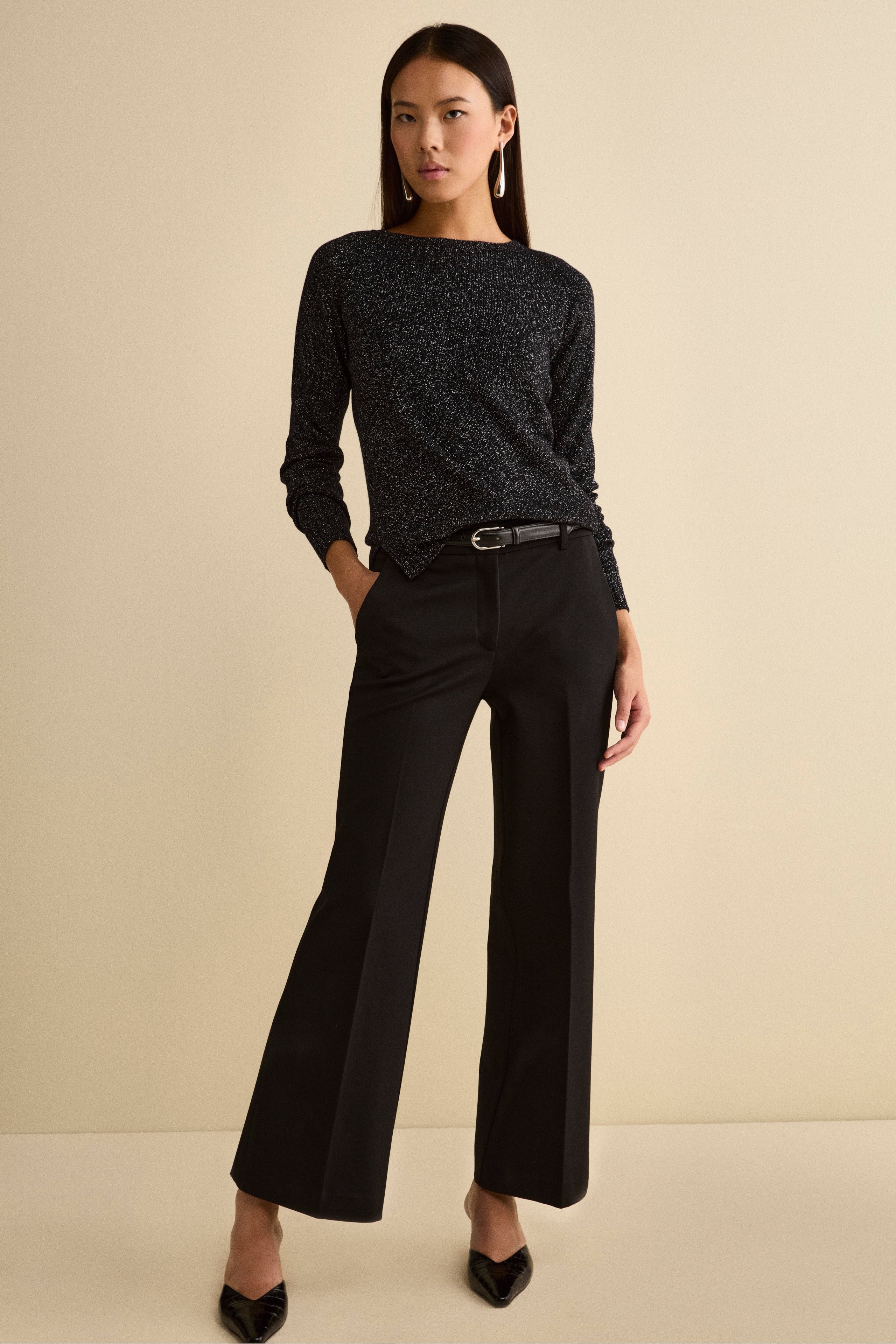 Merino Wool Lurex Crewneck Sweater - BLACK