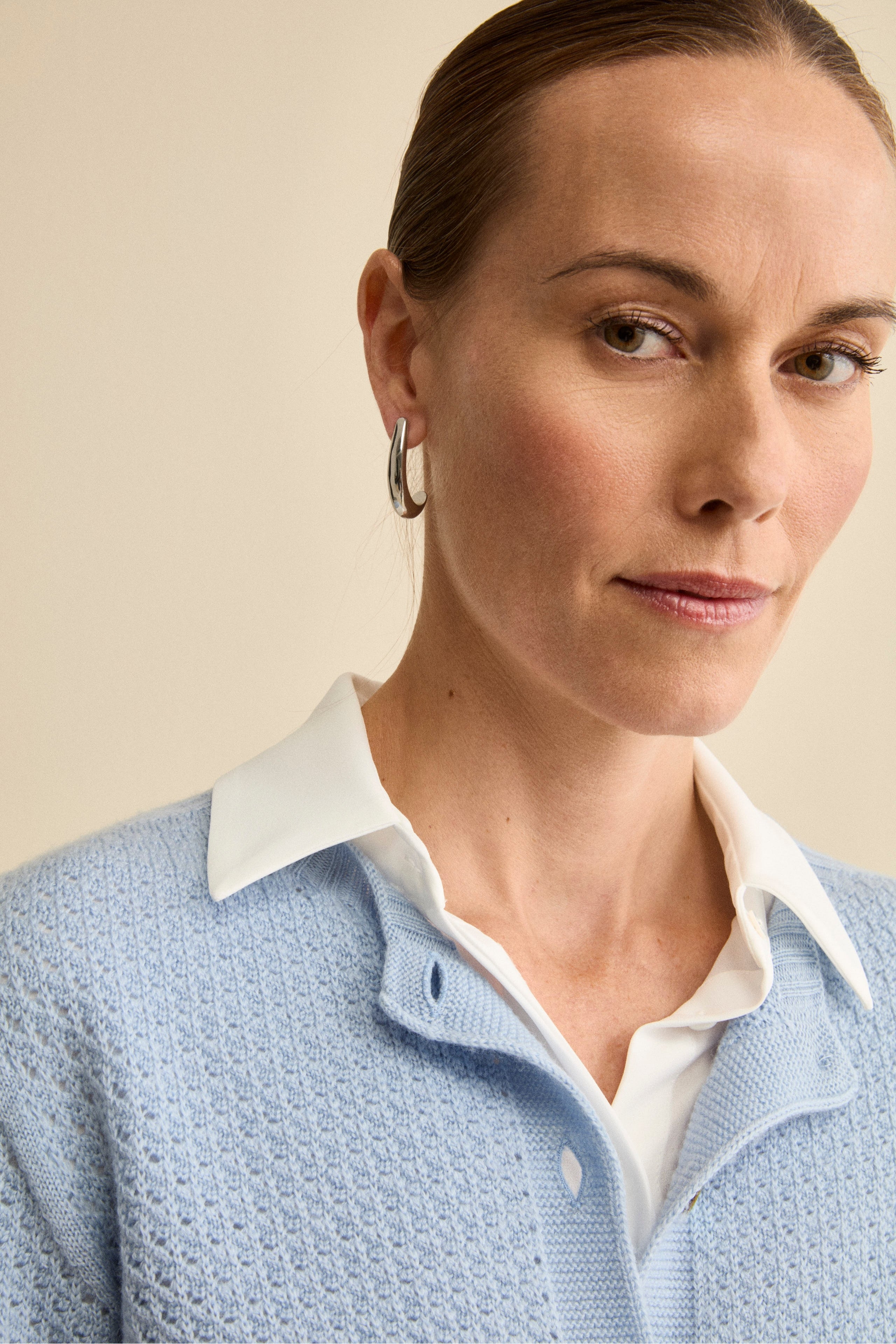 Openwork Merino Wool Cardigan with Mandarin Collar - Light blue