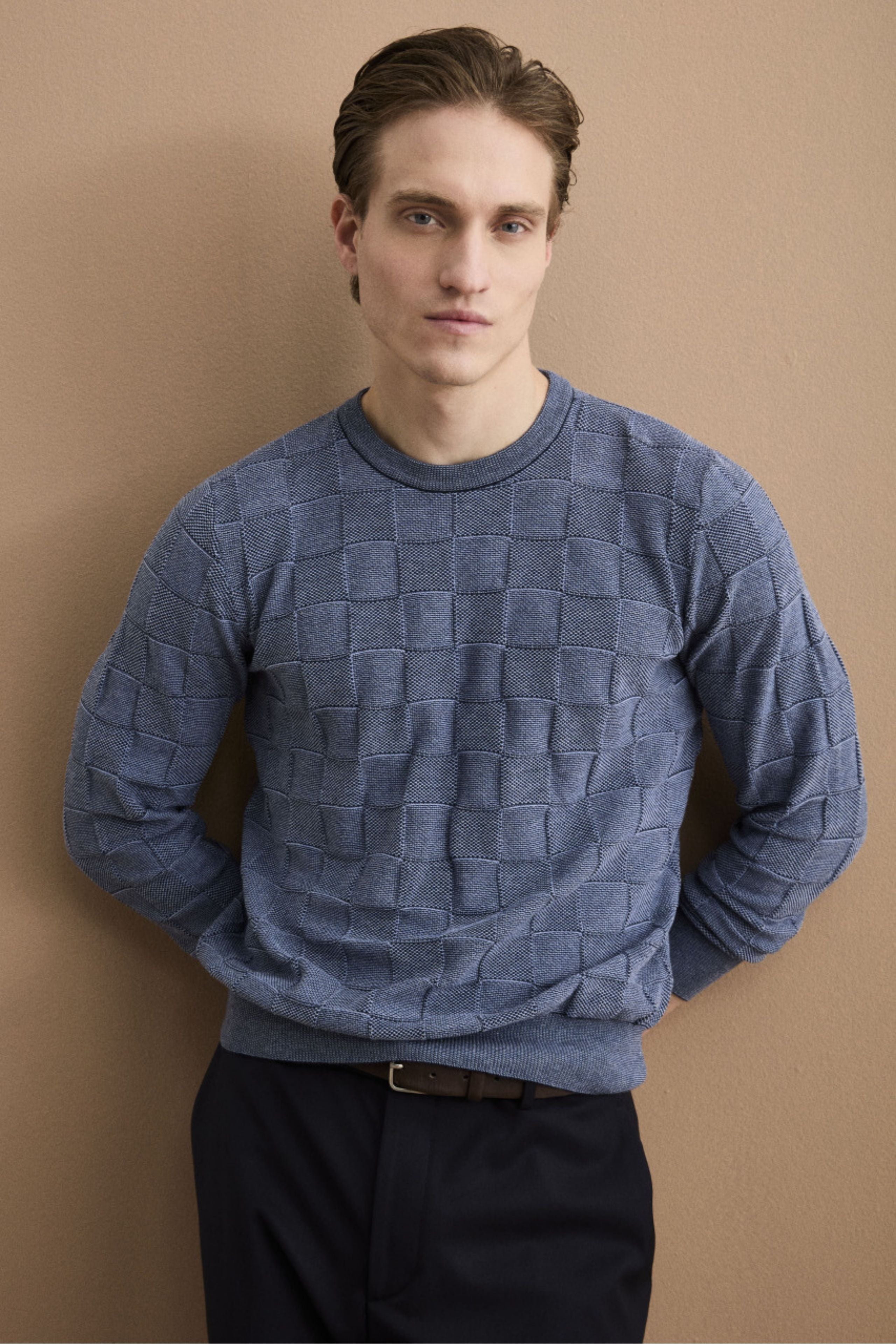 Maglia Dama Girocollo in Cotone - BLU/GRIGIO