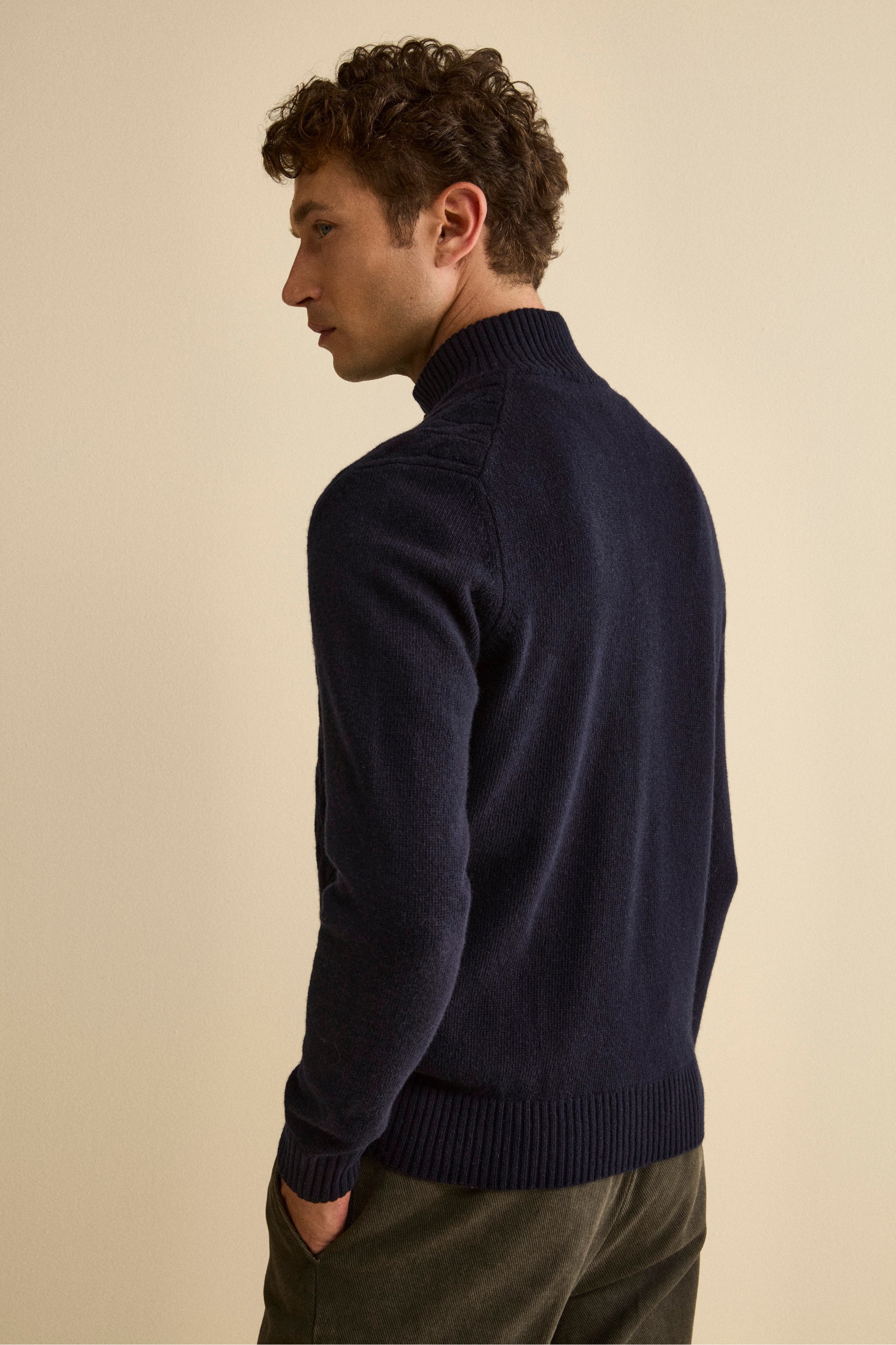 Cable-Knit Wool Bomber with Mock Neck - BLUE