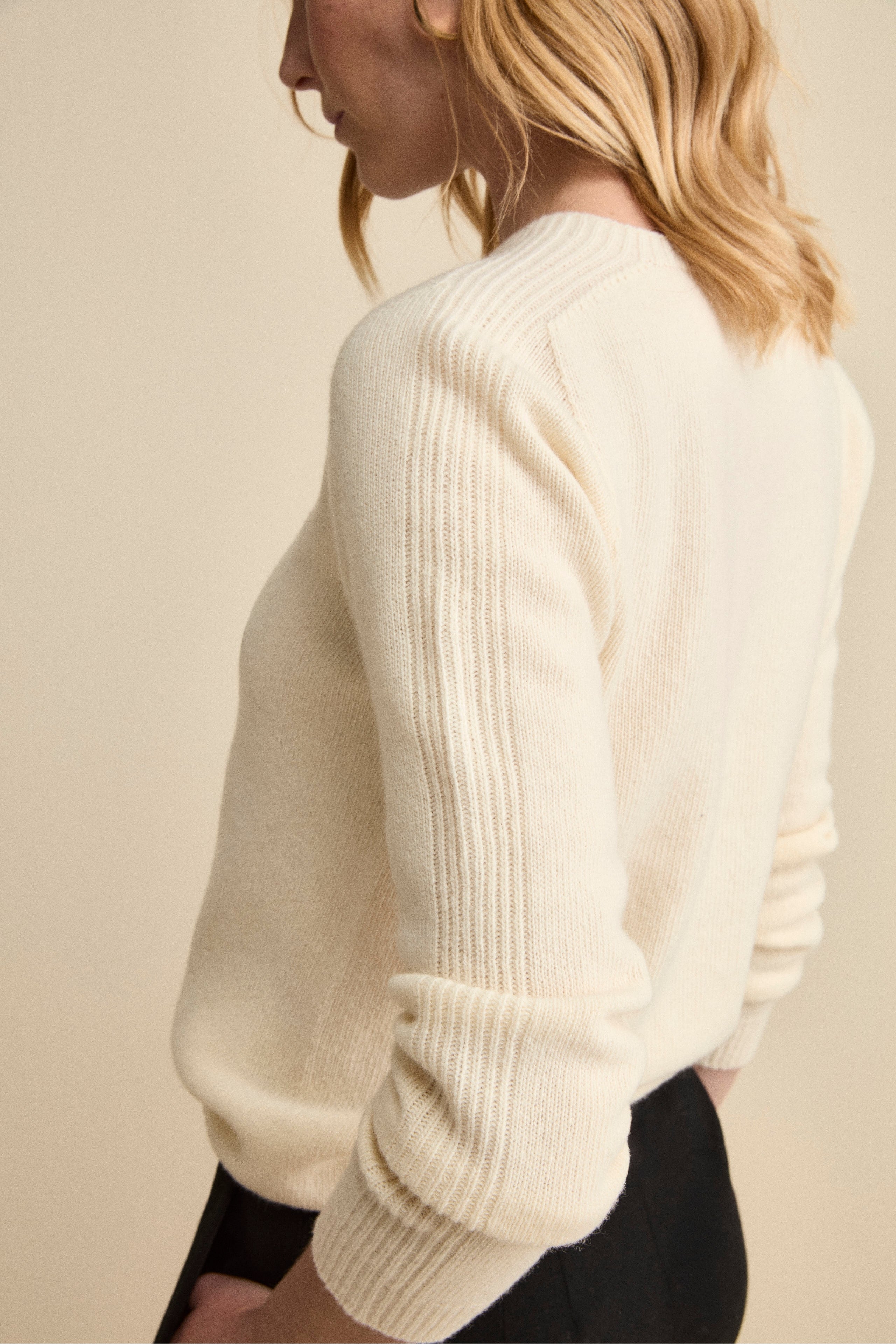 Merino Wool Crewneck with Textured Sleeves - CREAM