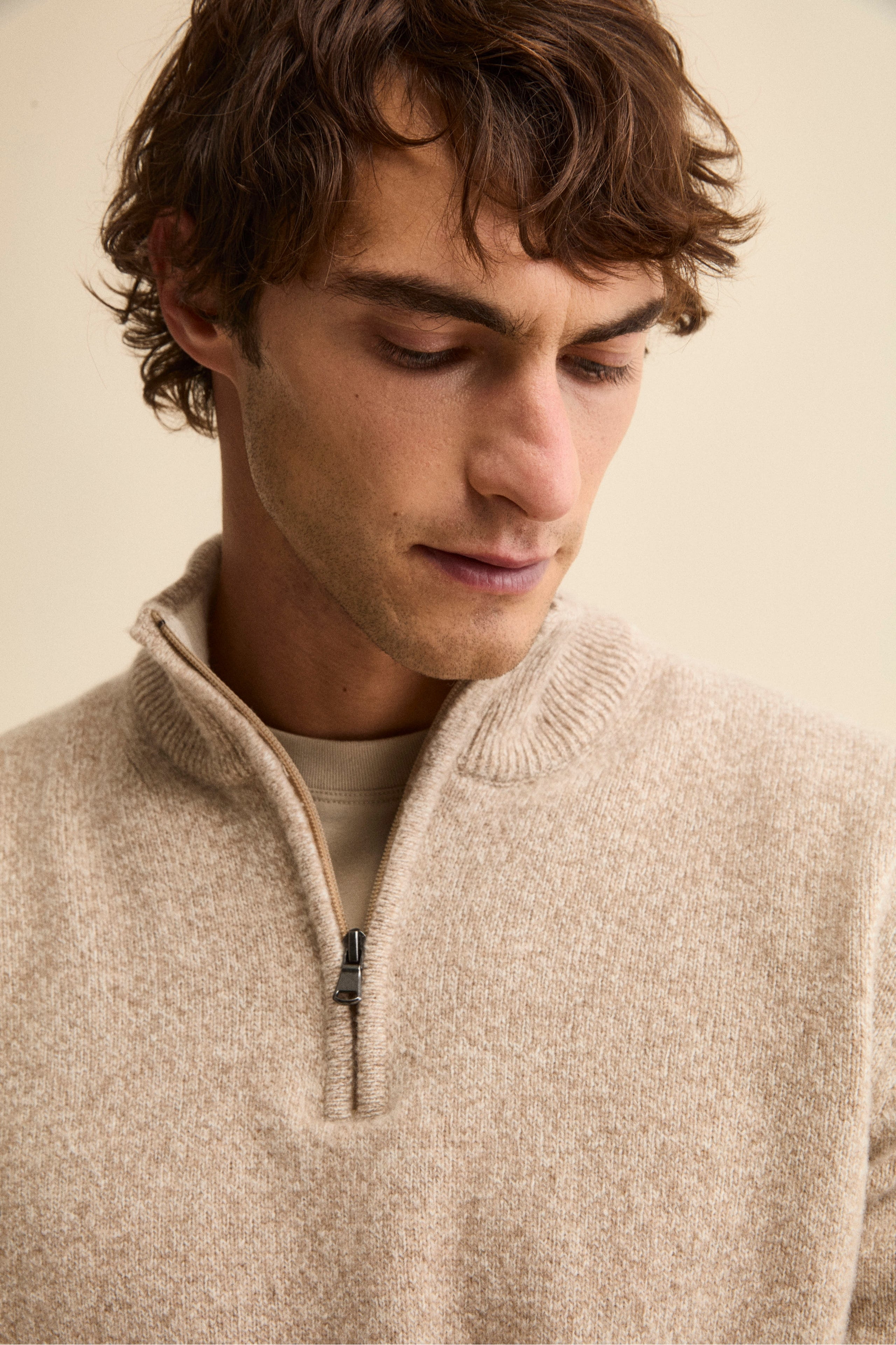 Zip Mock Neck in Wool Blend - Natural