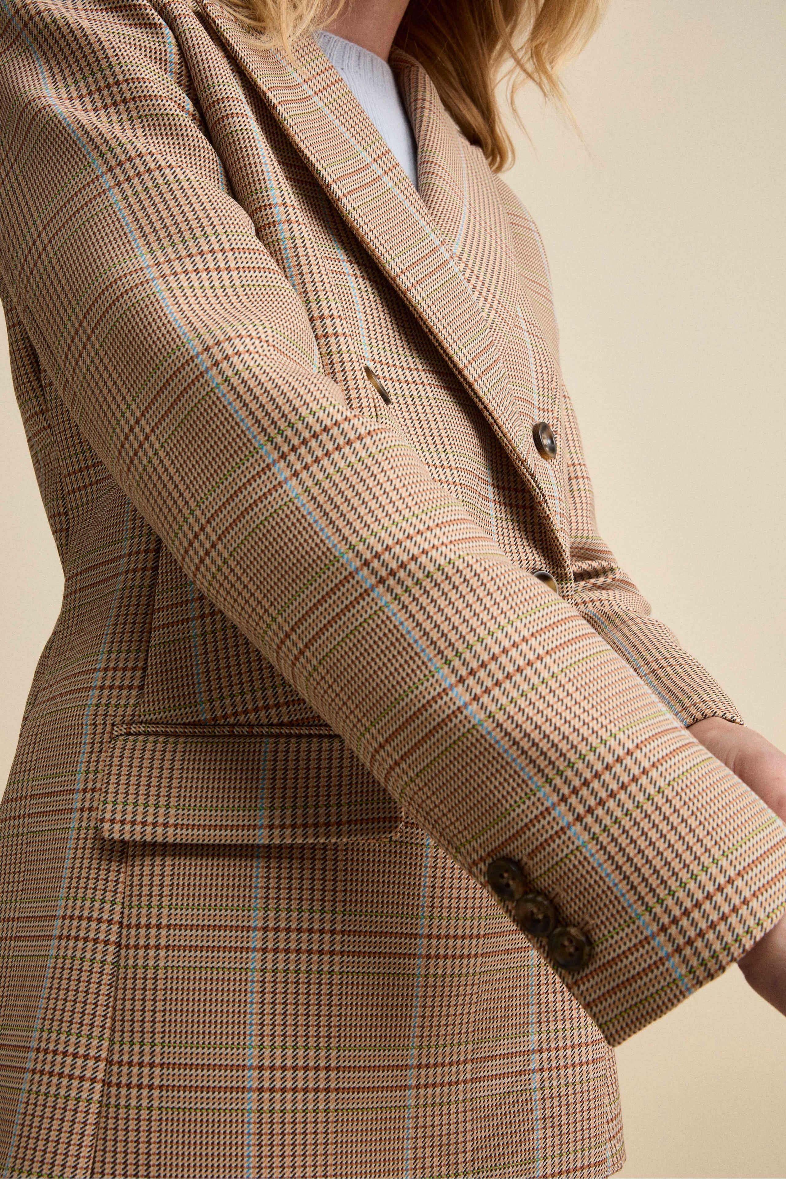 Double-Breasted Checked Jacket in Cotton Blend - Camel Check