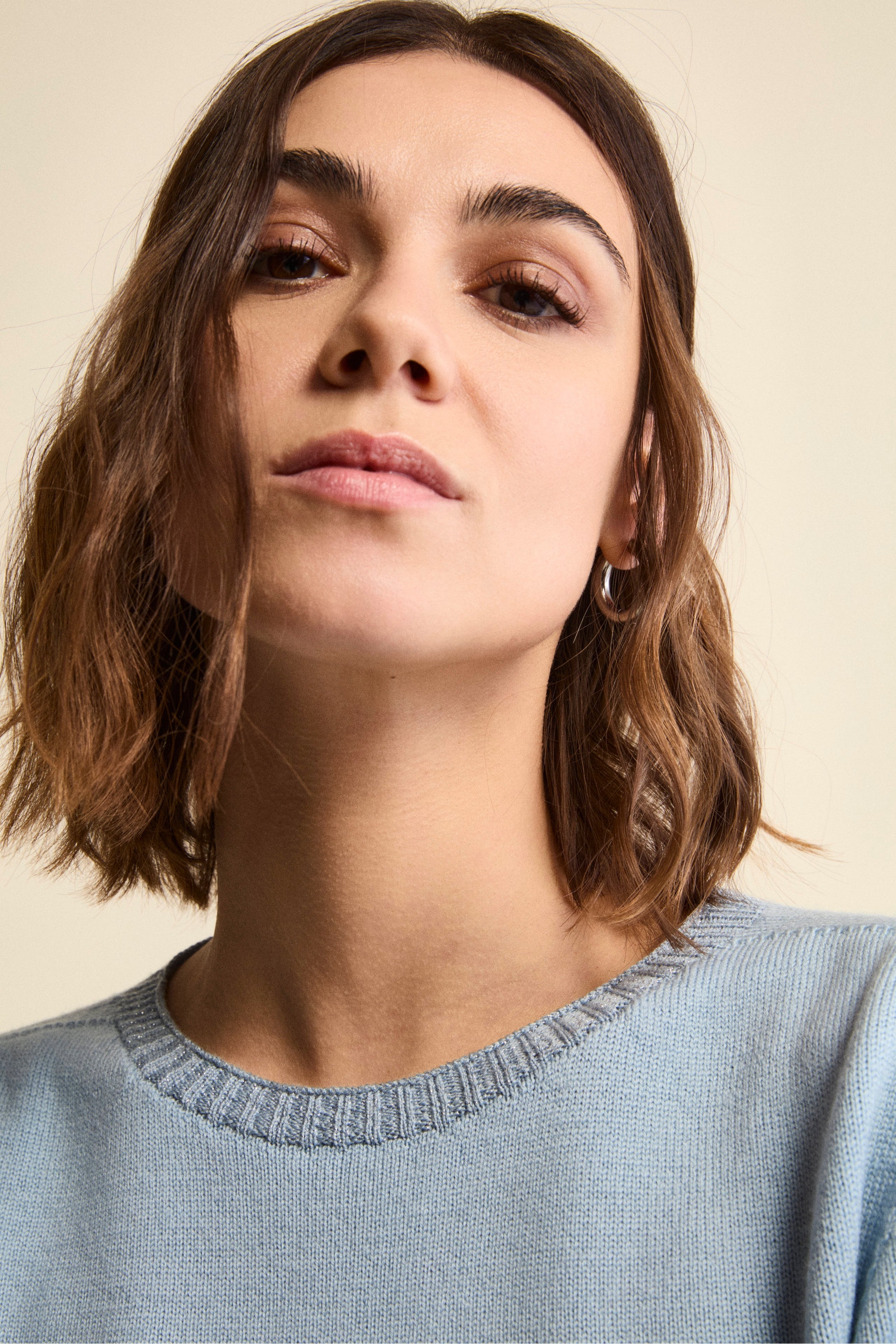 Merino Wool Crew-Neck Sweater with Lurex Details - Light blue