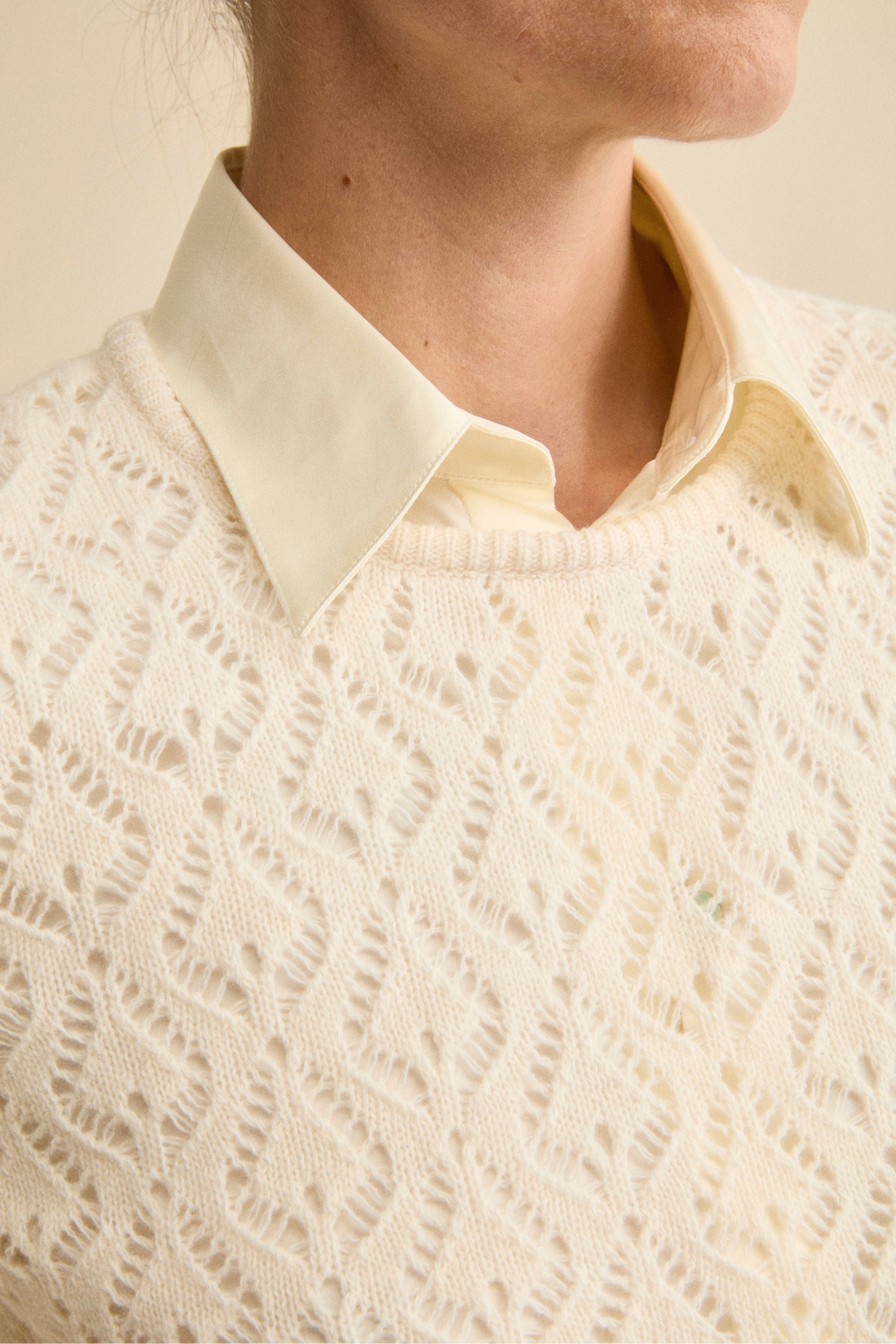 Lace-Stitch Openwork Wool-Cashmere Crewneck - Cream white