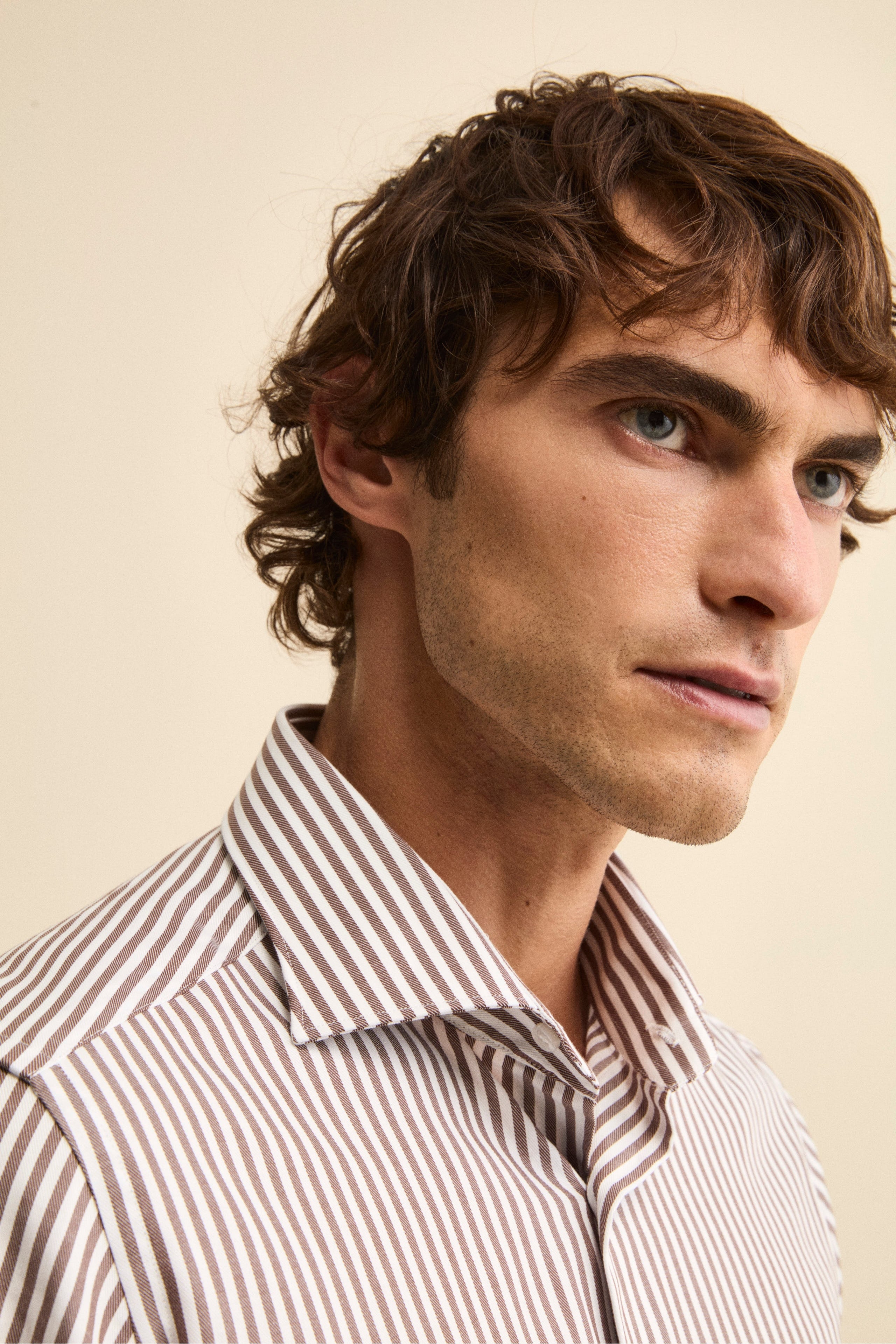 Slim Fit Cotton Shirt with French Collar - Brown stripe
