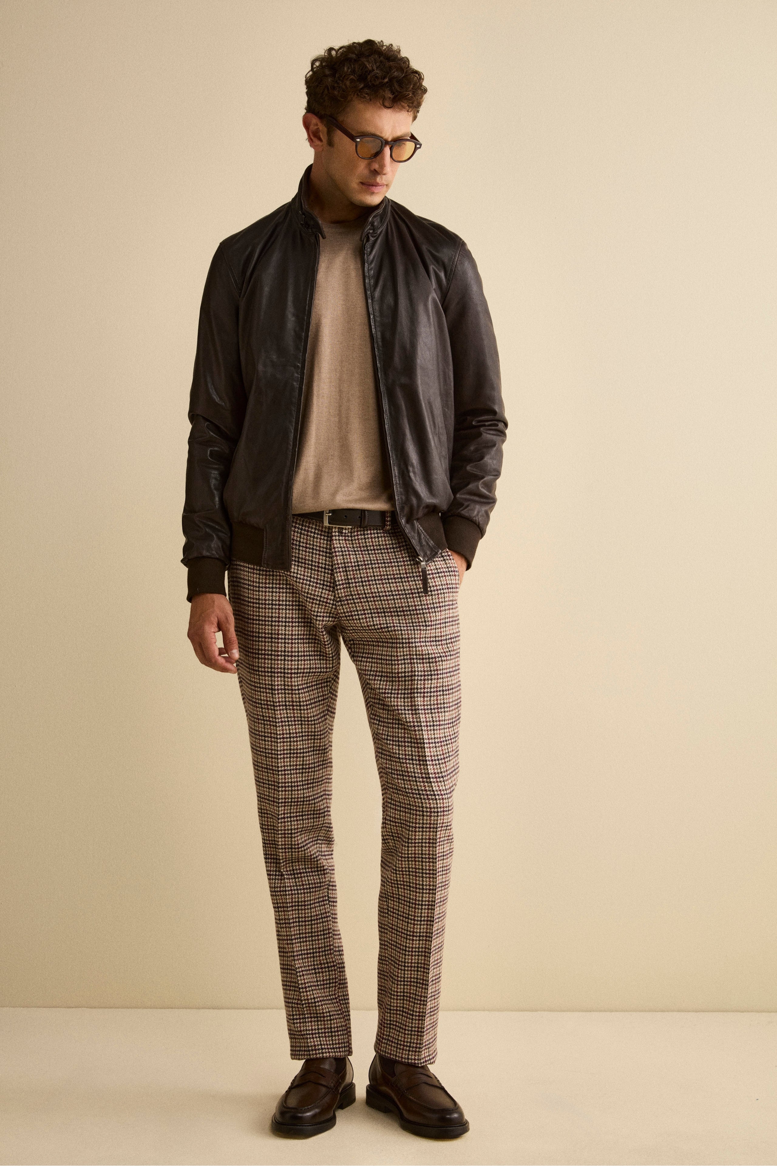 Wool-Blend Slim Fit Patterned Trousers - BEIGE HOUNDSTOOTH