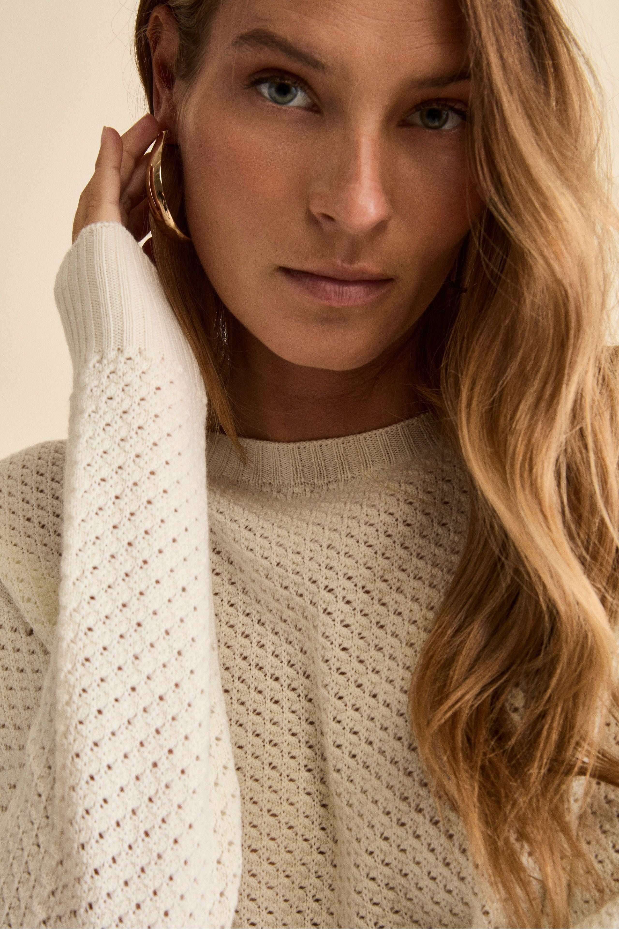 Openwork Merino Wool Crewneck Sweater - ECRU