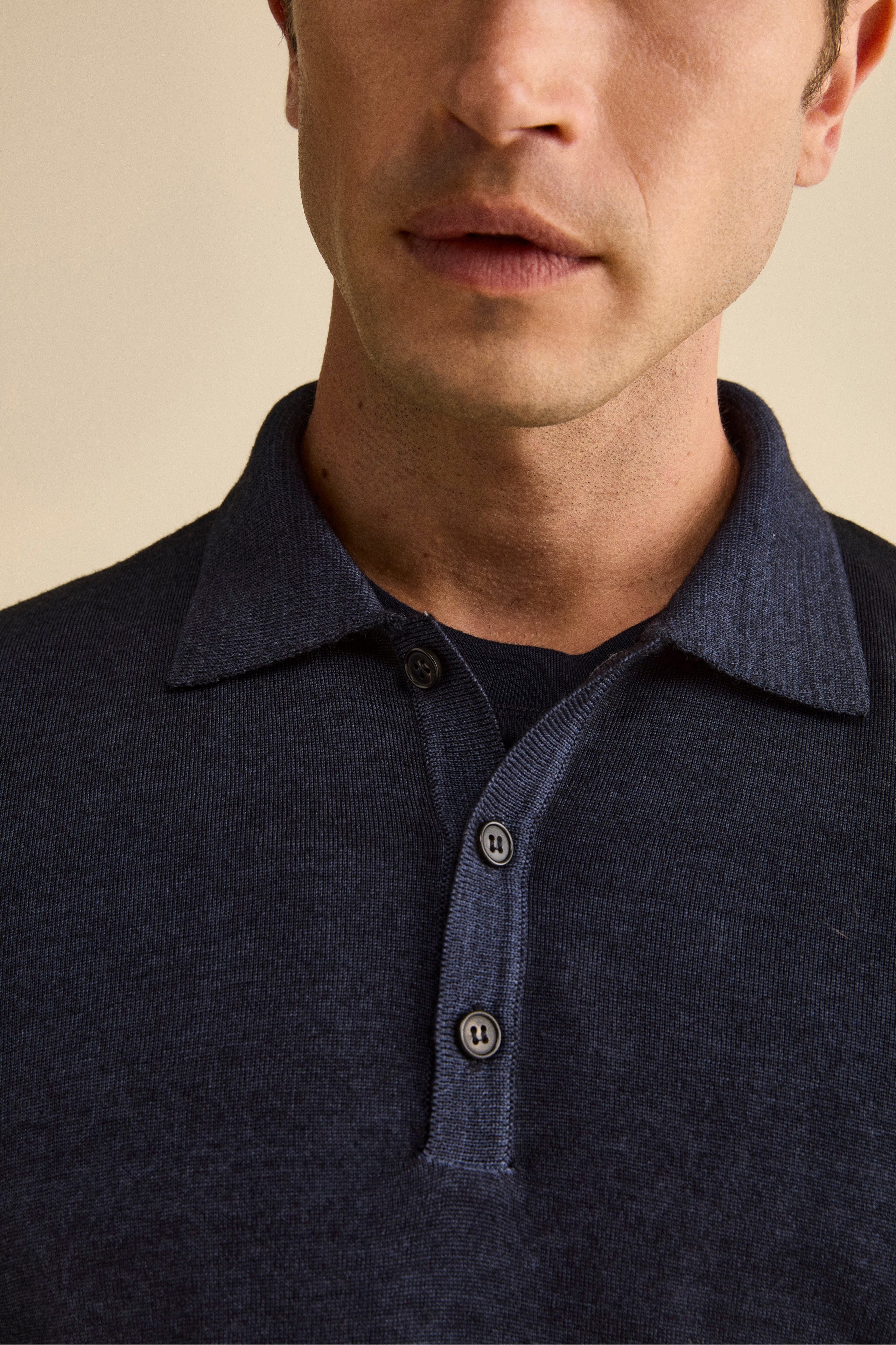 Knit Polo with Buttons in Merino Wool - BLUE