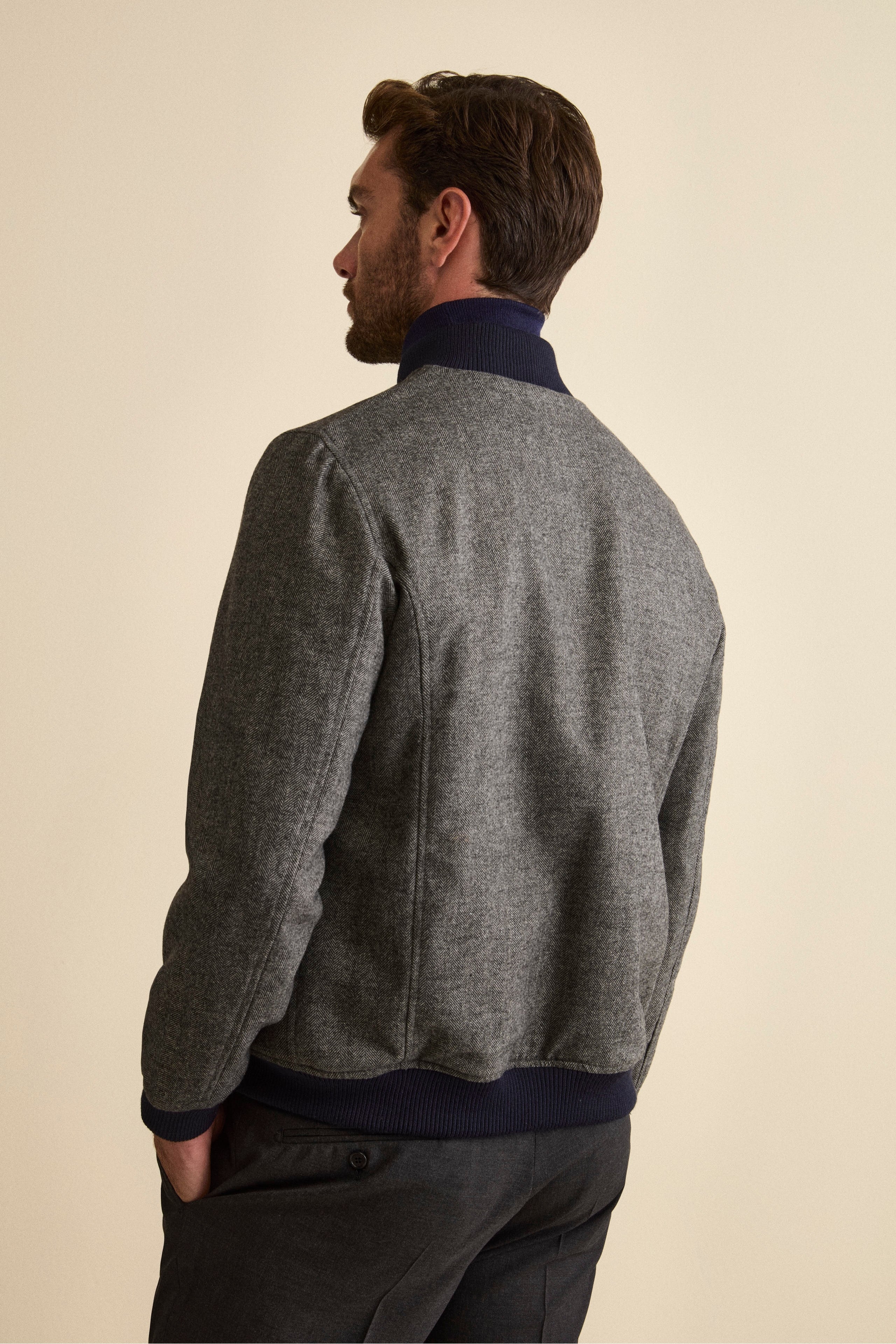 Herringbone Bomber with Pockets in Wool Blend - grey herringbone