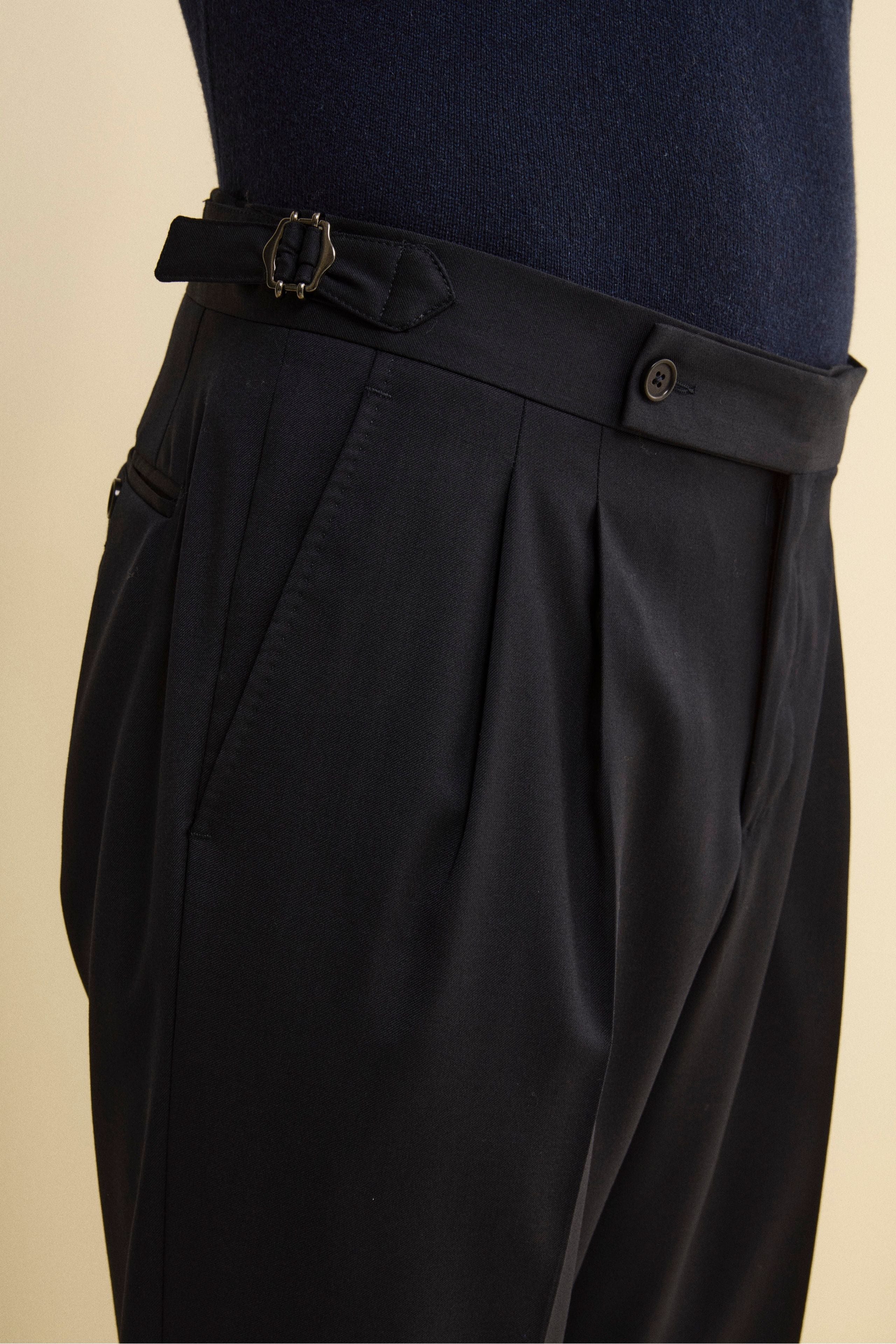 Straight Virgin Wool Trousers with Pleats and Cuffed Hem - BLUE