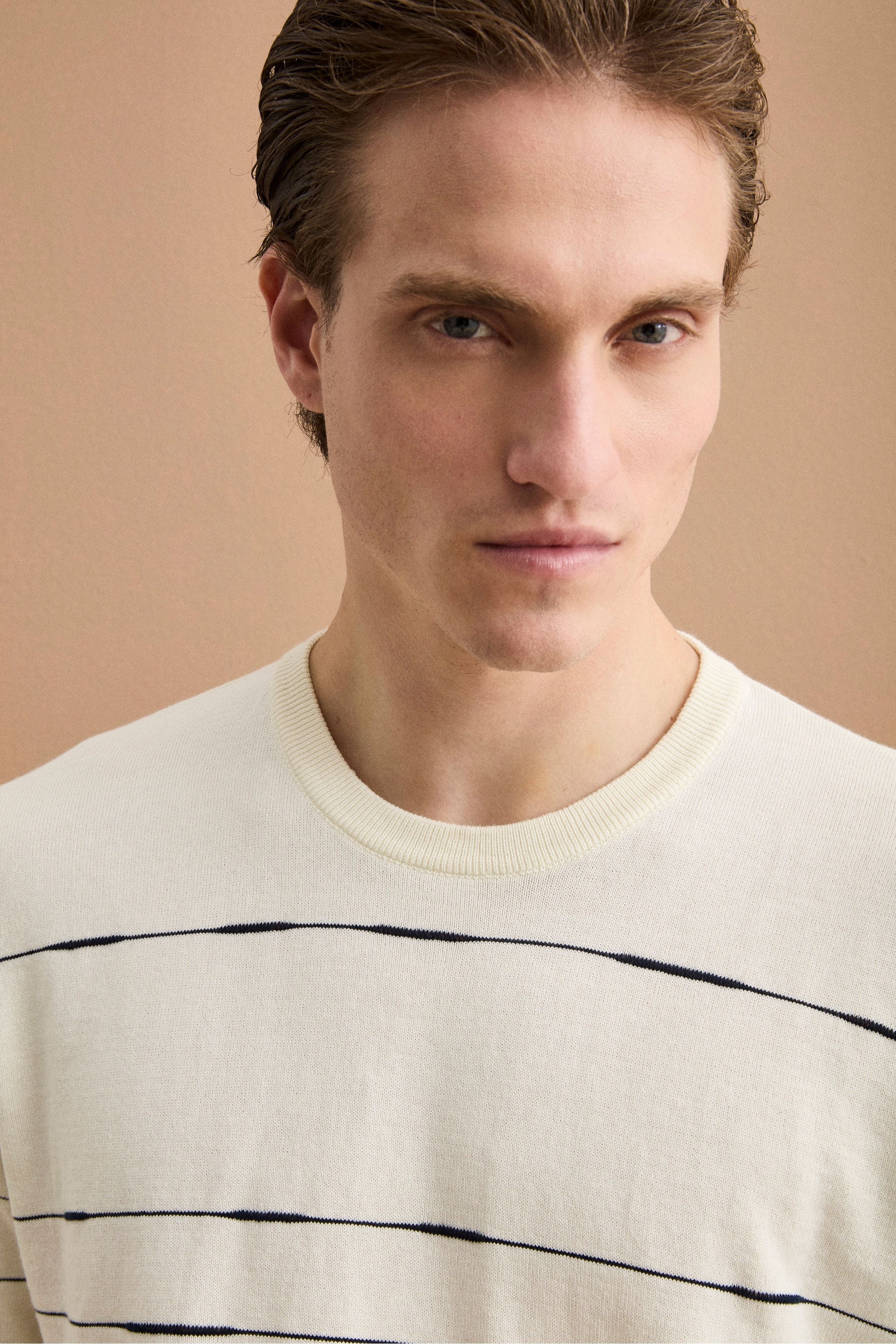 Gestreifter Rundhals-Strickpullover aus Baumwolle Regular Fit - Weiß-Blau