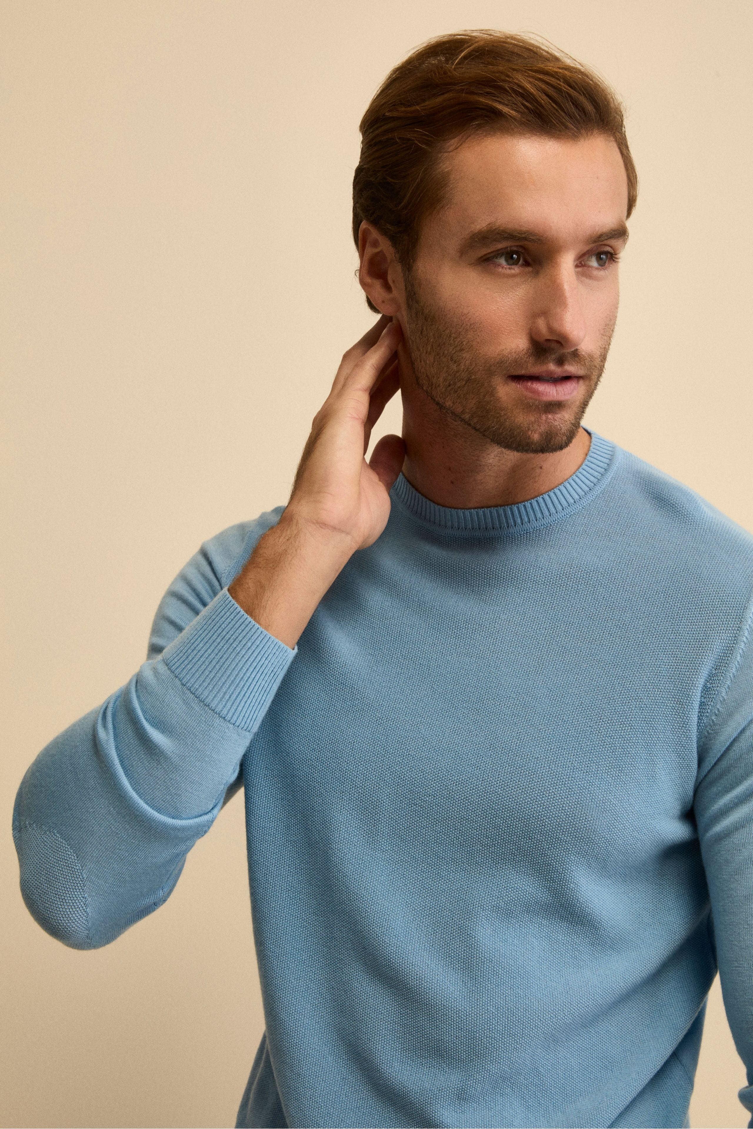 Wool Piqué Crewneck with Elbow Patches - Light blue