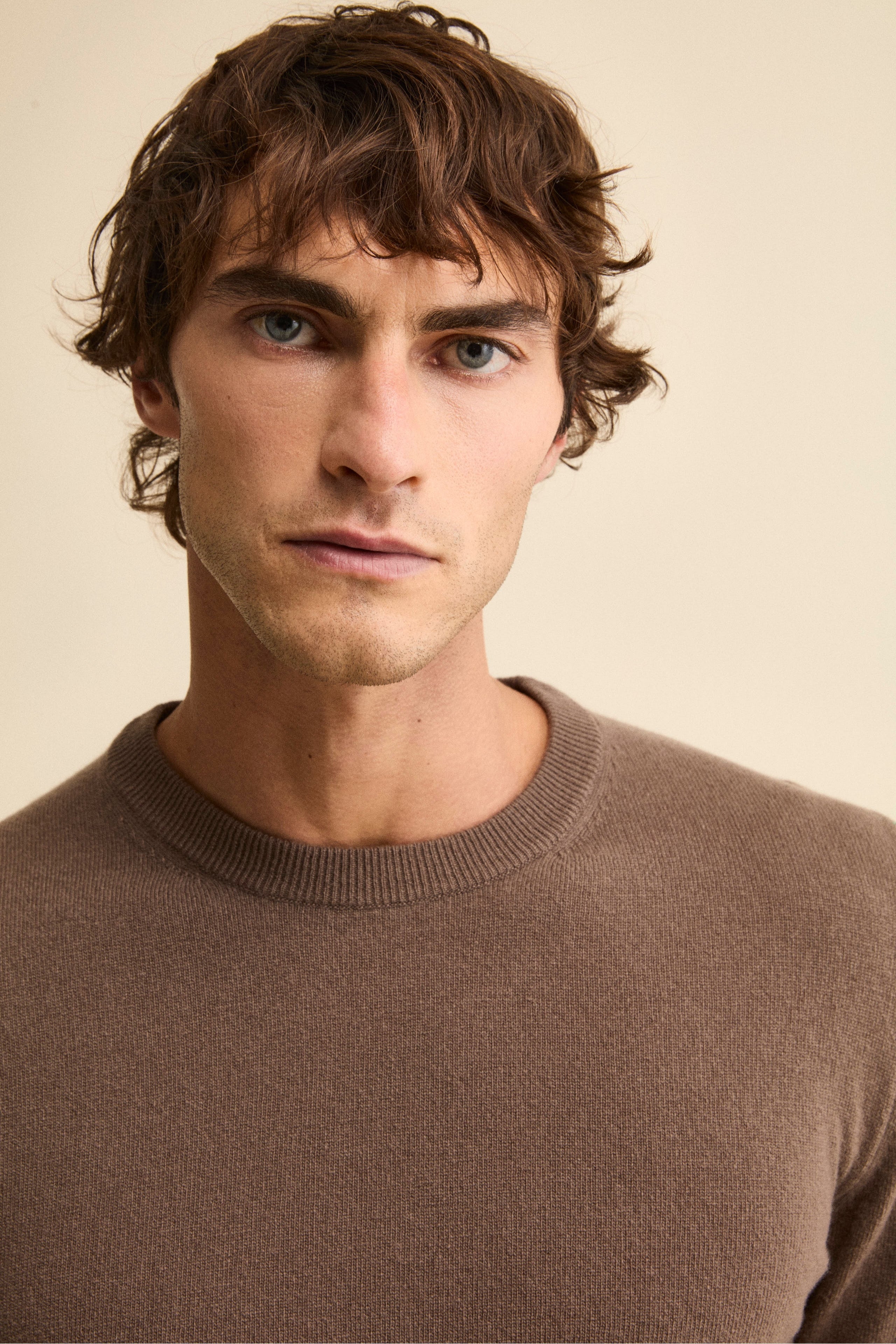 Crew-neck sweater in wool - Cacao brown