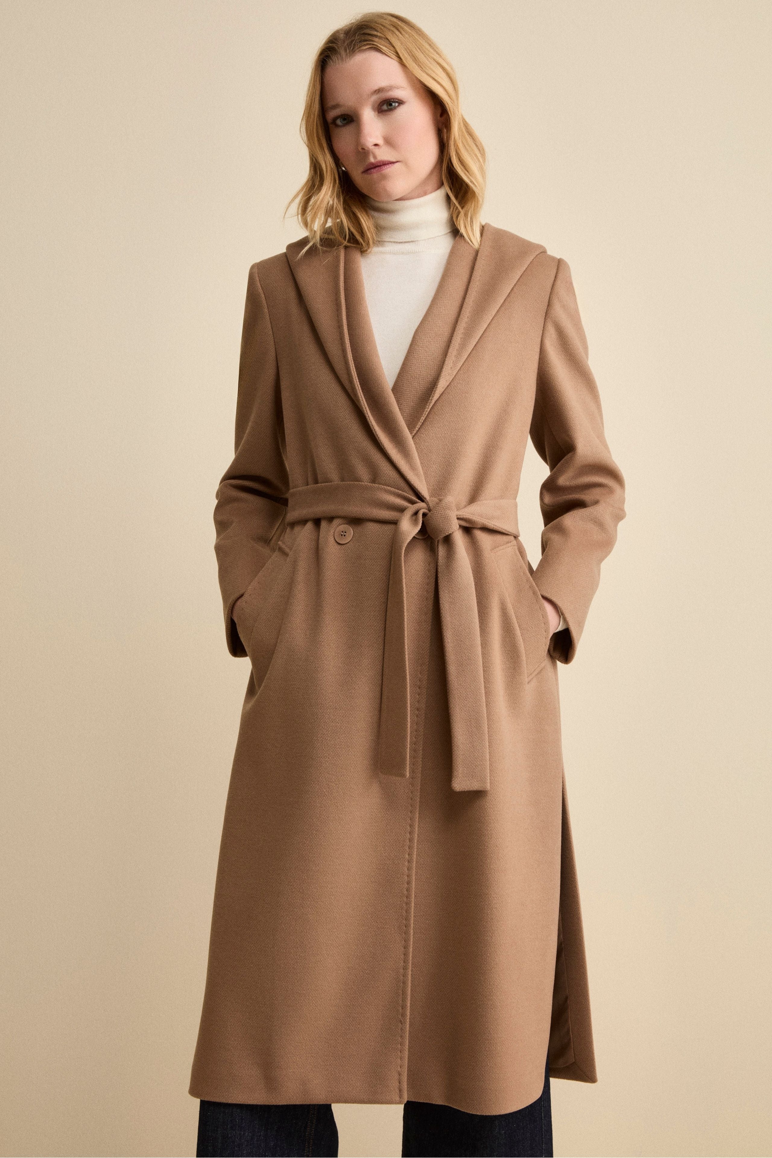 Long Belted Coat with Hood - Camel