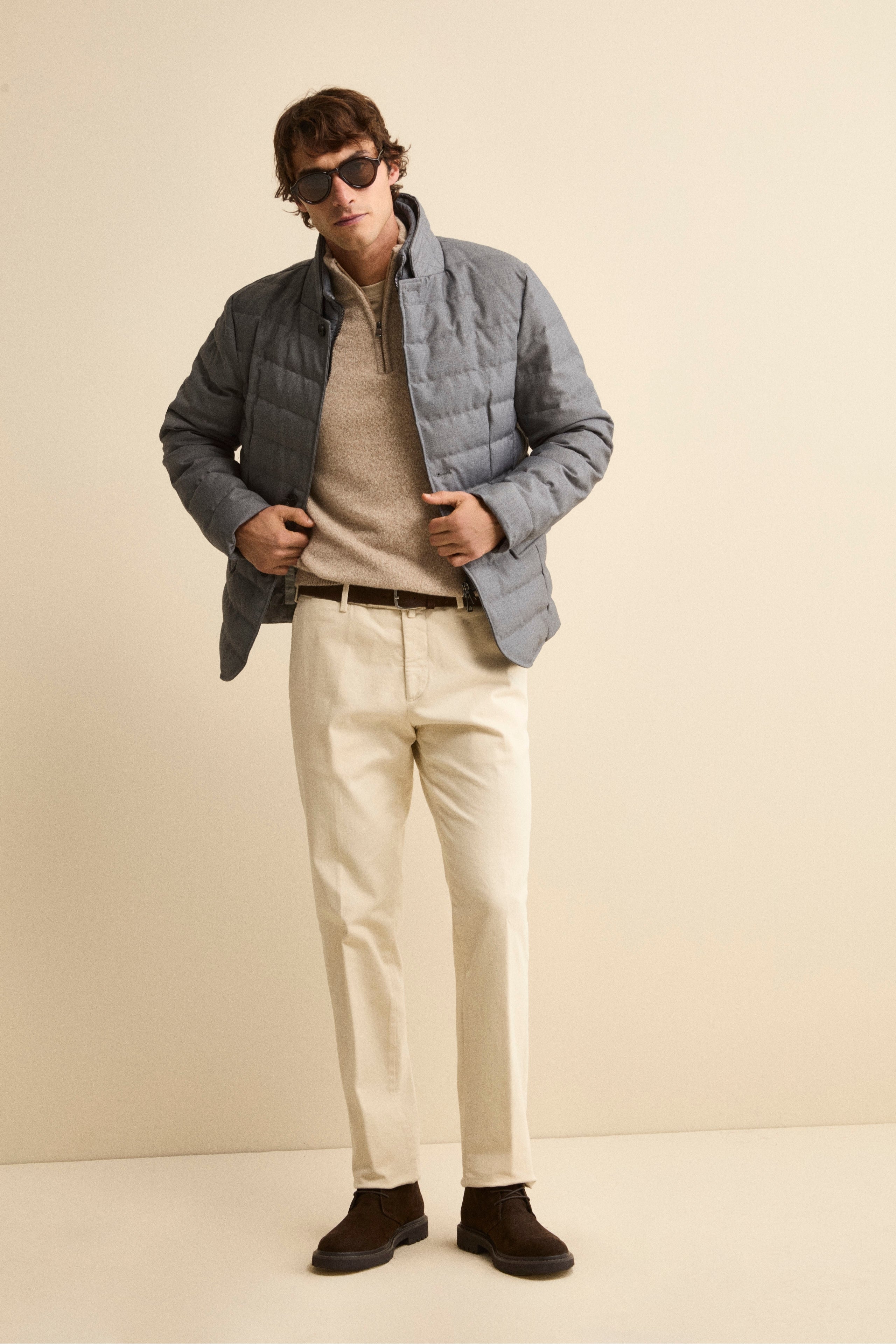 Regular Fit Stretch Cotton Trousers - Cream white