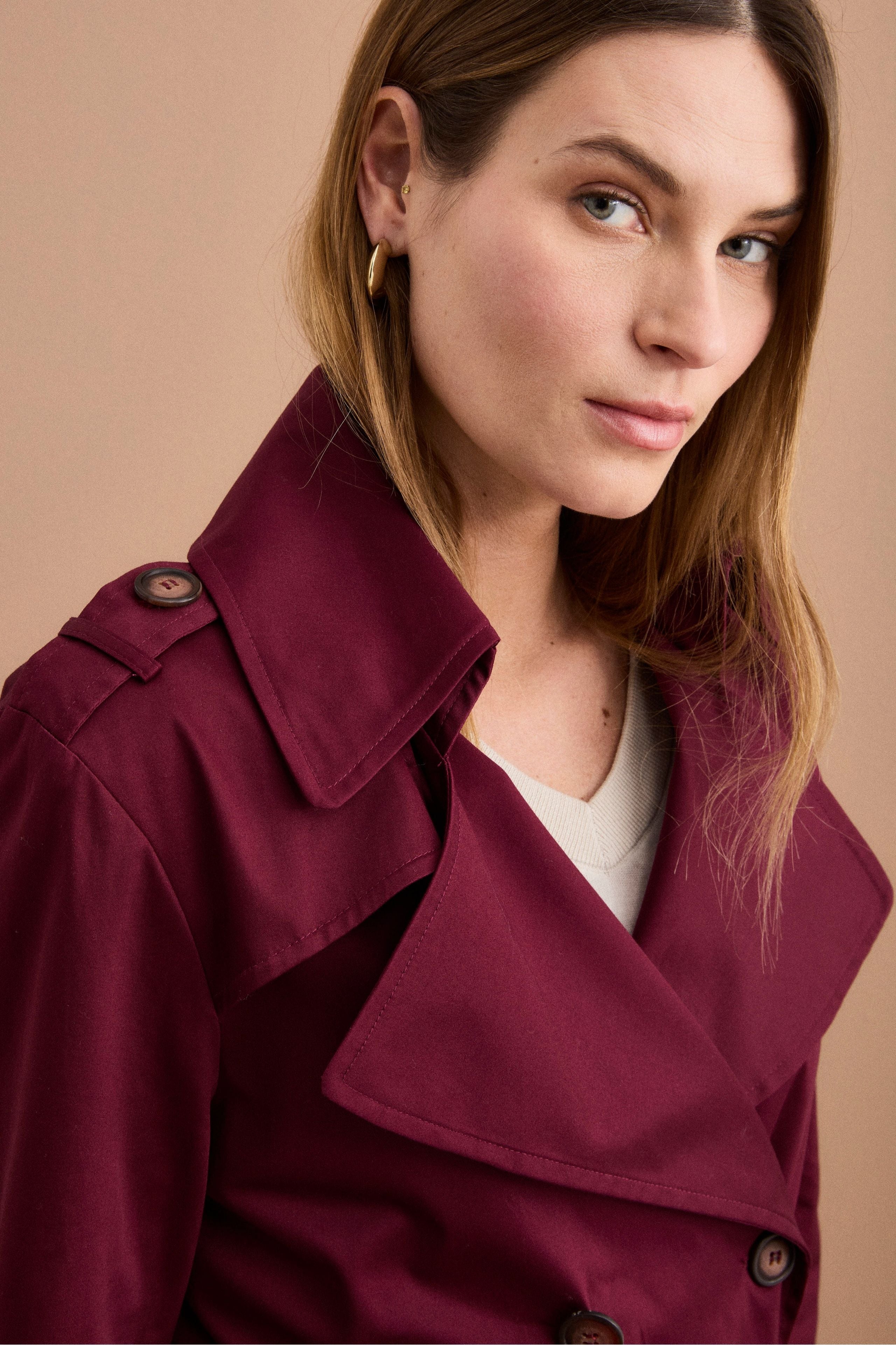 Trench Lungo Doppiopetto Foderato con Cintura - BORDEAUX